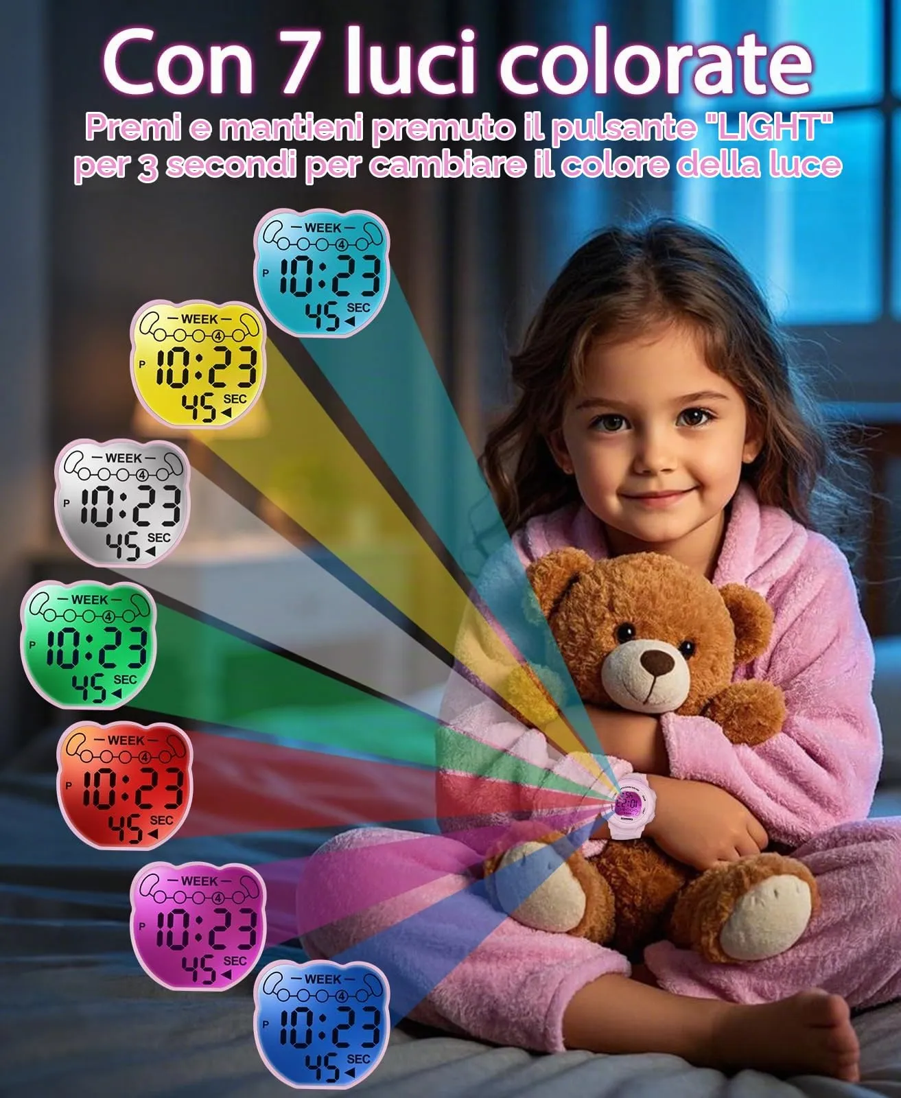 SOCICO Orologio Digitale Impermeabile 5ATM per Bambini con Luce a 7 Colori - Rosa - immagine 2