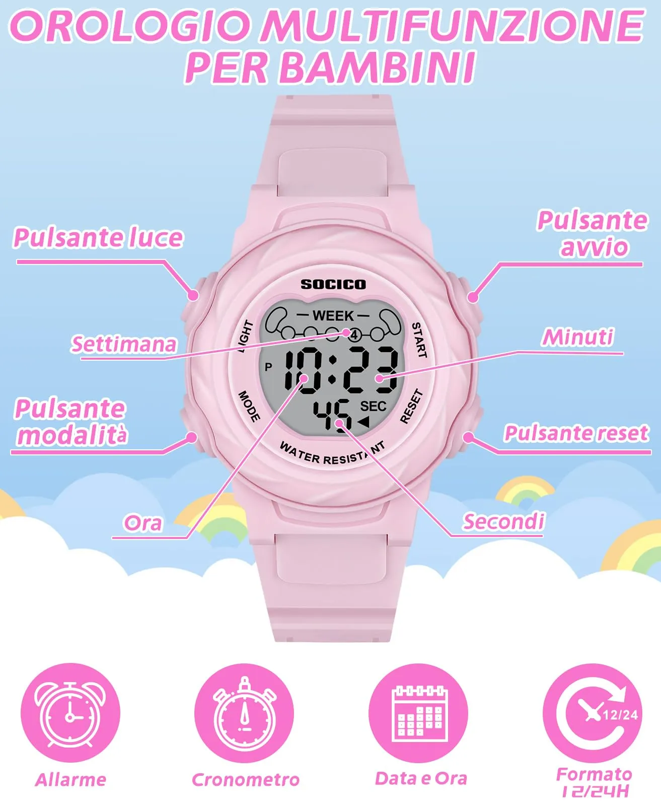 SOCICO Orologio Digitale Impermeabile 5ATM per Bambini con Luce a 7 Colori - Rosa - immagine 3