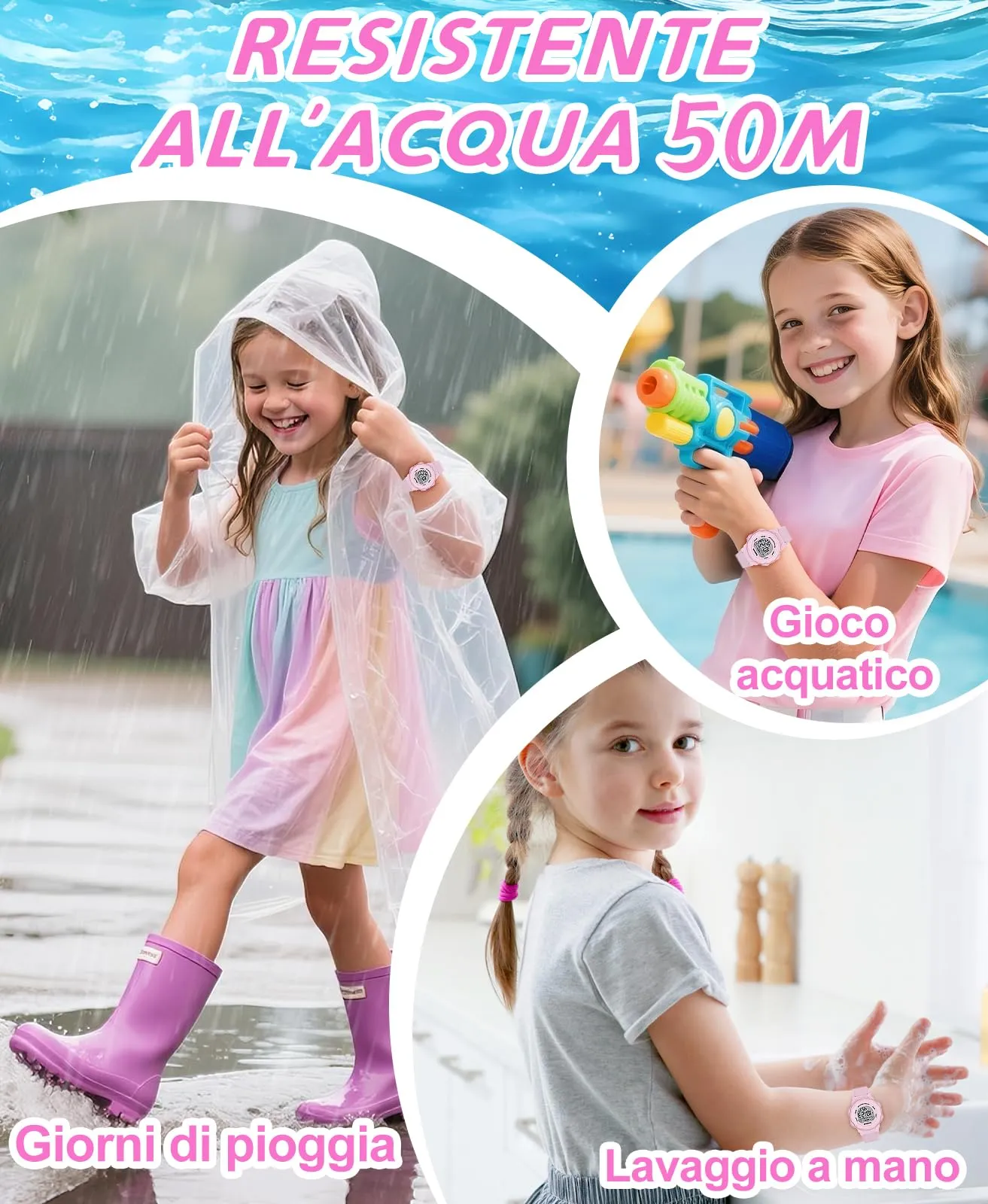 SOCICO Orologio Digitale Impermeabile 5ATM per Bambini con Luce a 7 Colori - Rosa - immagine 4
