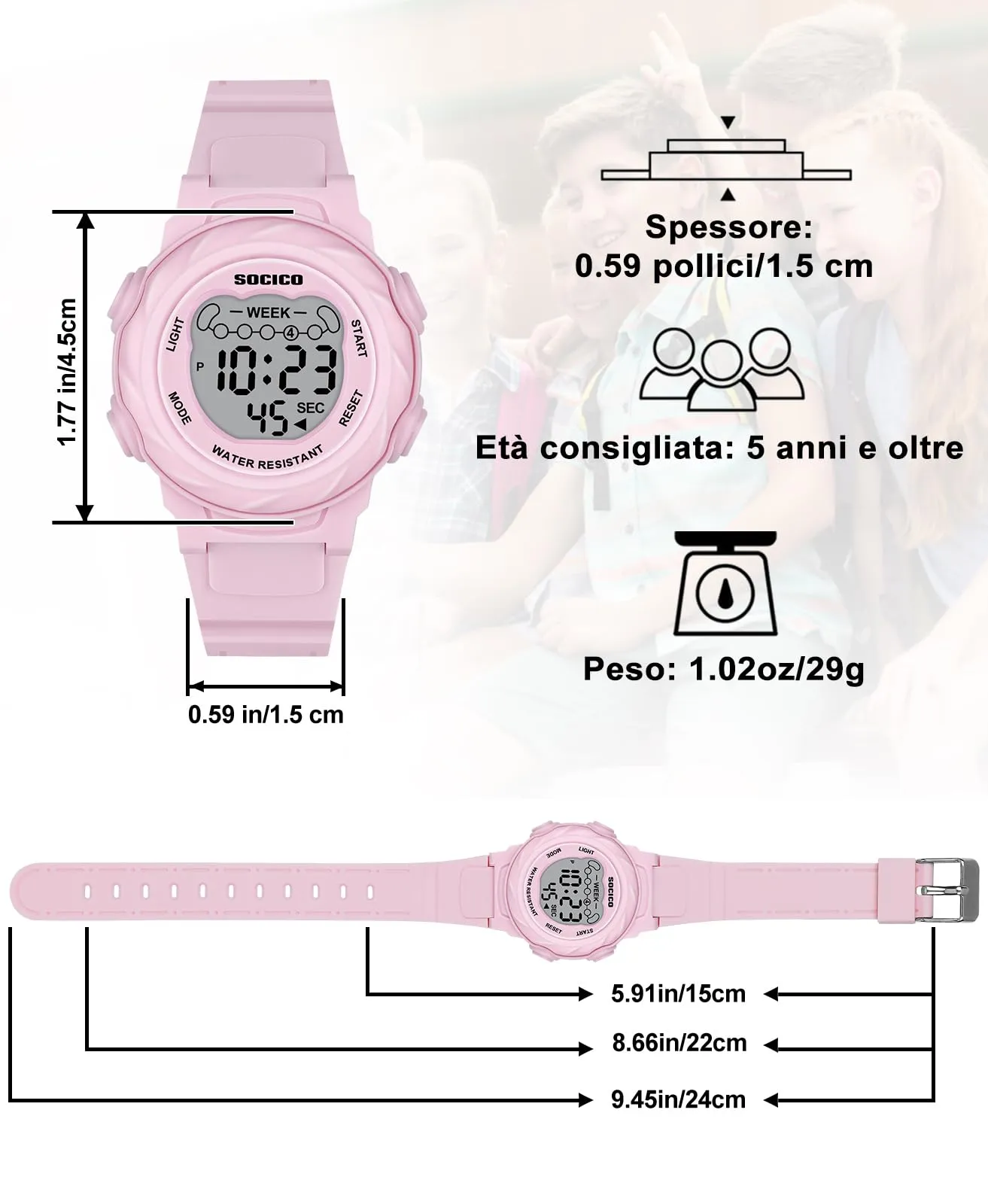 SOCICO Orologio Digitale Impermeabile 5ATM per Bambini con Luce a 7 Colori - Rosa - immagine 5