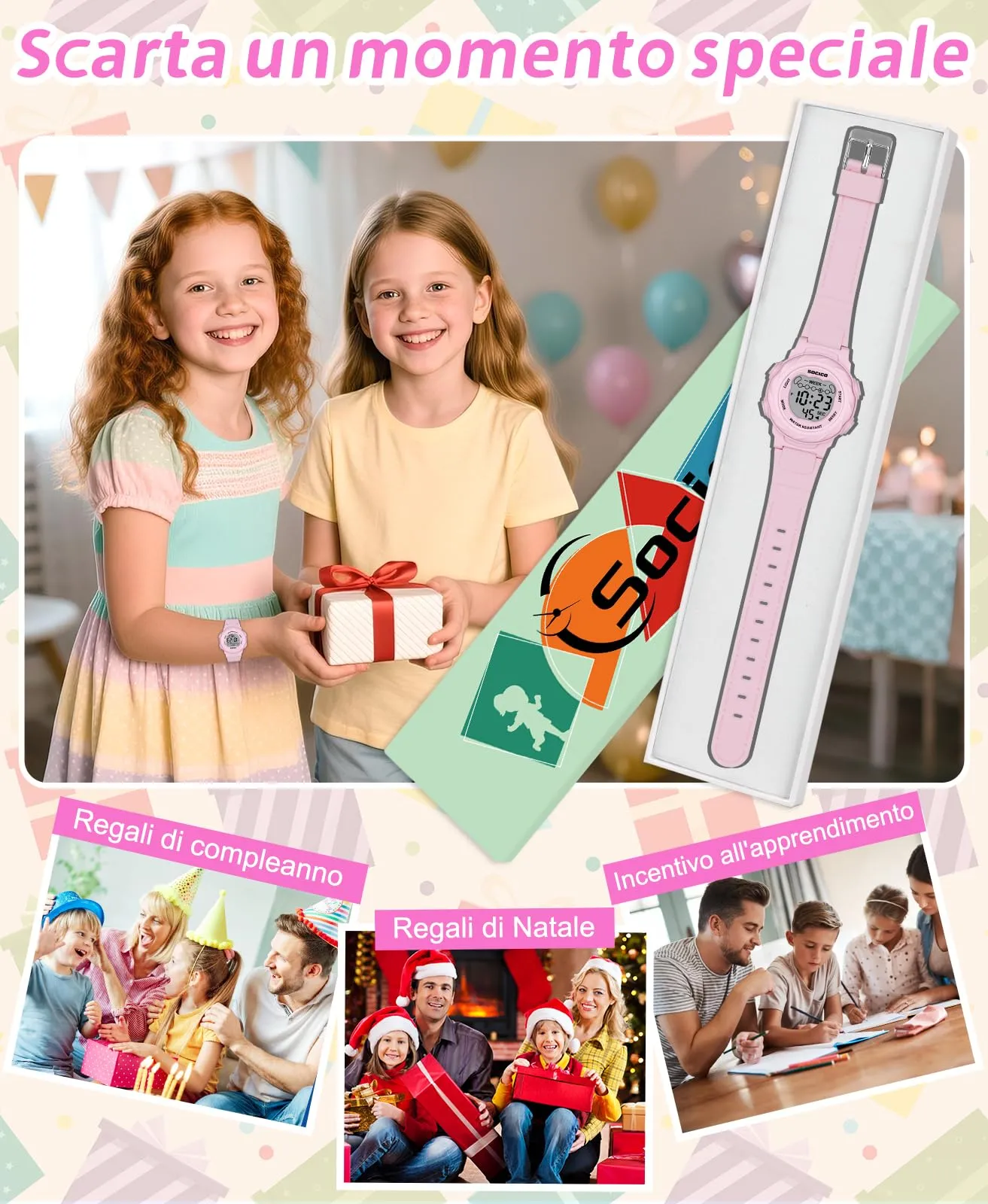 SOCICO Orologio Digitale Impermeabile 5ATM per Bambini con Luce a 7 Colori - Rosa - immagine 6