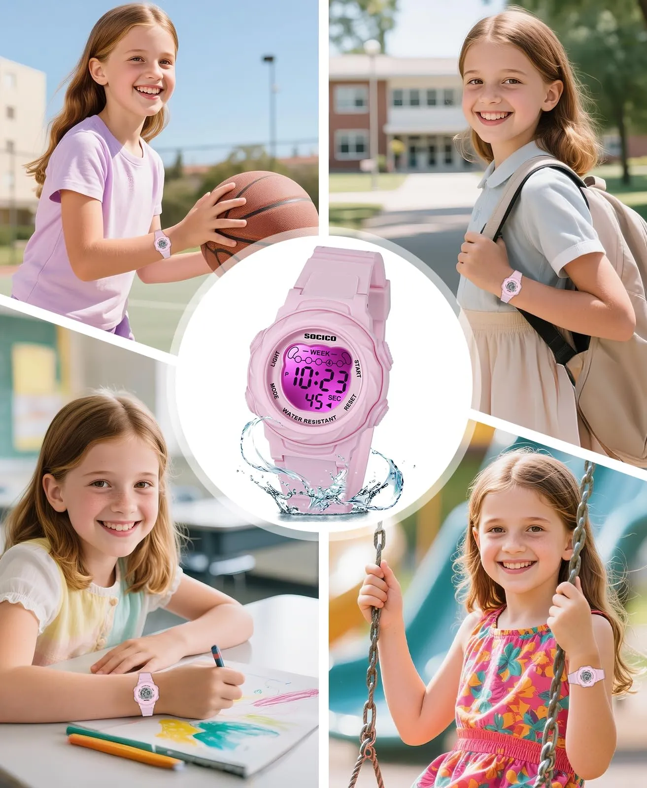 SOCICO Orologio Digitale Impermeabile 5ATM per Bambini con Luce a 7 Colori - Rosa - immagine 7