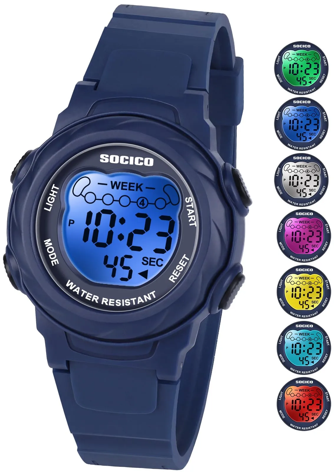 SOCICO Orologio Digitale Impermeabile 5ATM con Luce 7 Colori per Bambini, Motivo Cartone Animato, Blu, SOC-919 - immagine 1