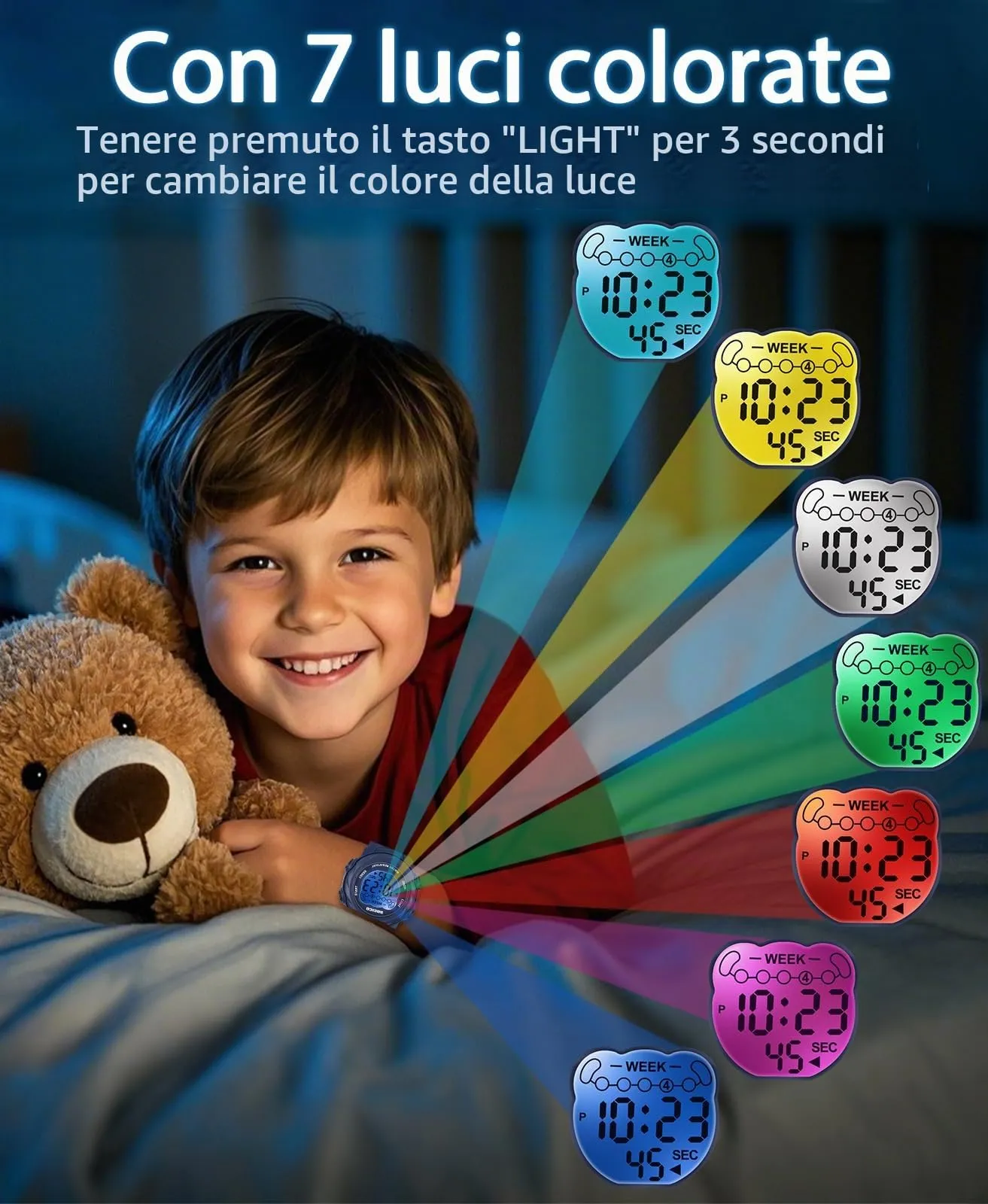 SOCICO Orologio Digitale Impermeabile 5ATM con Luce 7 Colori per Bambini, Motivo Cartone Animato, Blu, SOC-919 - immagine 2