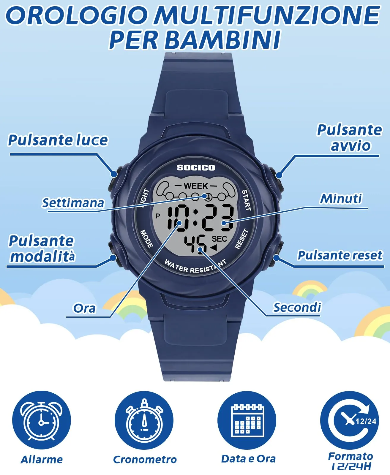 SOCICO Orologio Digitale Impermeabile 5ATM con Luce 7 Colori per Bambini, Motivo Cartone Animato, Blu, SOC-919 - immagine 3