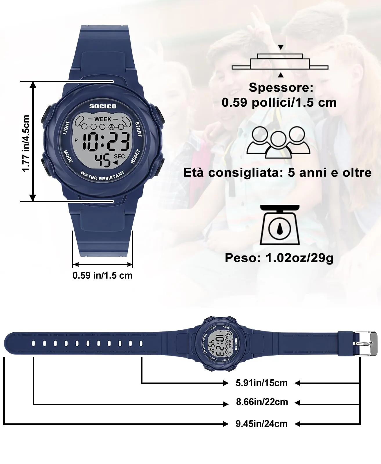 SOCICO Orologio Digitale Impermeabile 5ATM con Luce 7 Colori per Bambini, Motivo Cartone Animato, Blu, SOC-919 - immagine 5