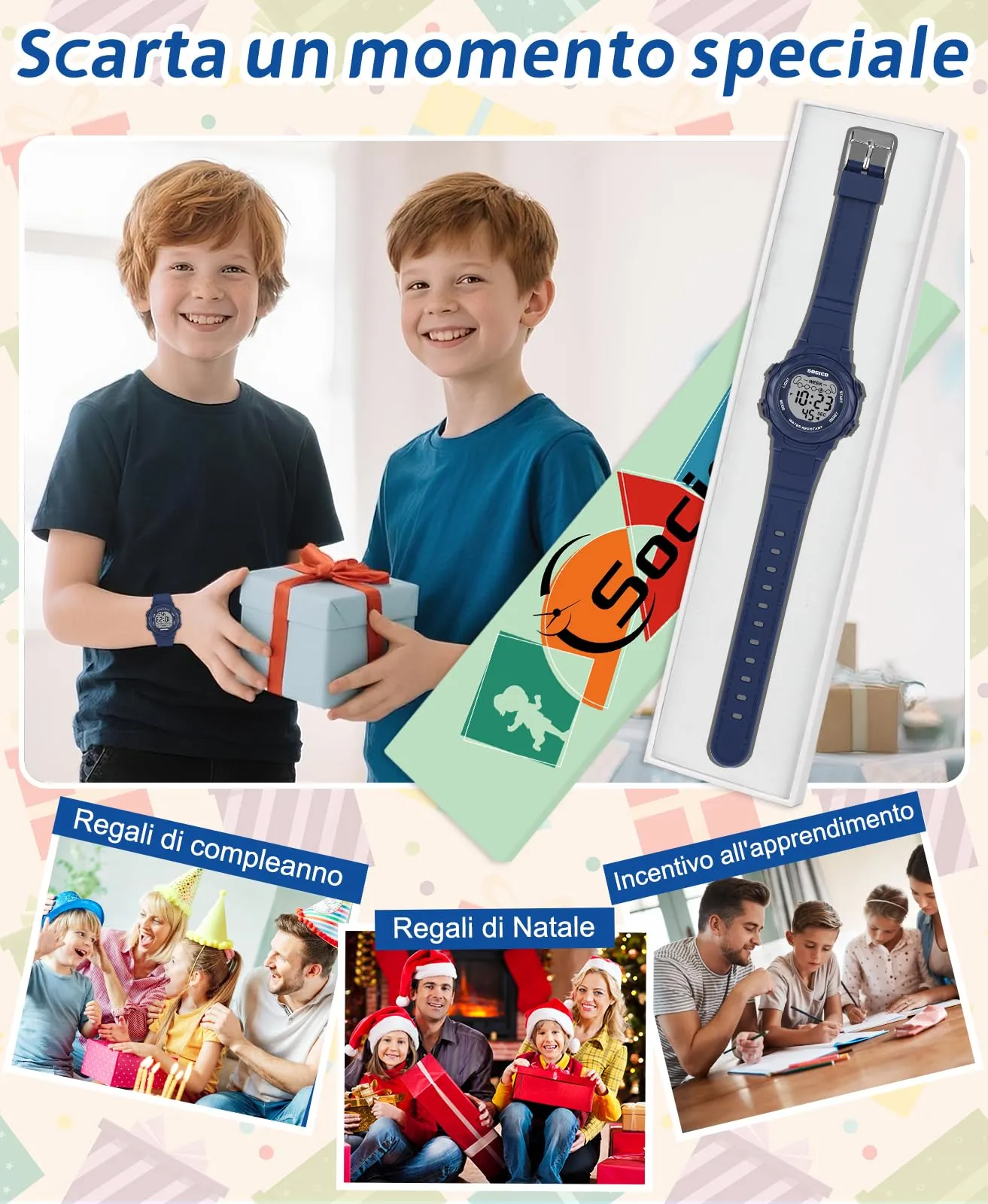 SOCICO Orologio Digitale Impermeabile 5ATM con Luce 7 Colori per Bambini, Motivo Cartone Animato, Blu, SOC-919 - immagine 6