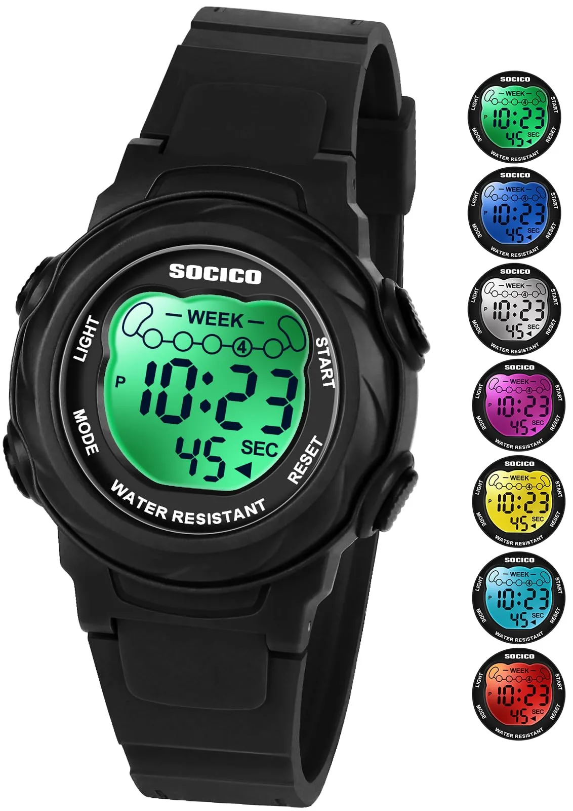 SOCICO Orologio Digitale per Bambini Impermeabile 5ATM con Luce a 7 Colori, Motivo Orso, Nero - immagine 1