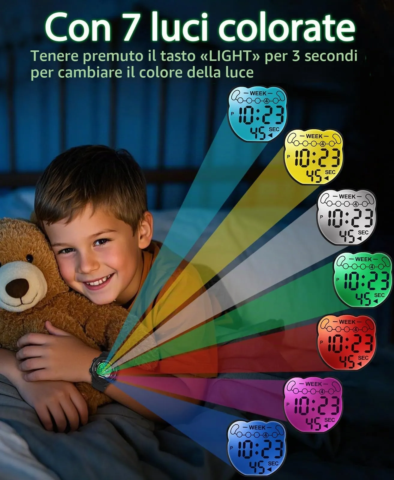 SOCICO Orologio Digitale per Bambini Impermeabile 5ATM con Luce a 7 Colori, Motivo Orso, Nero - immagine 2