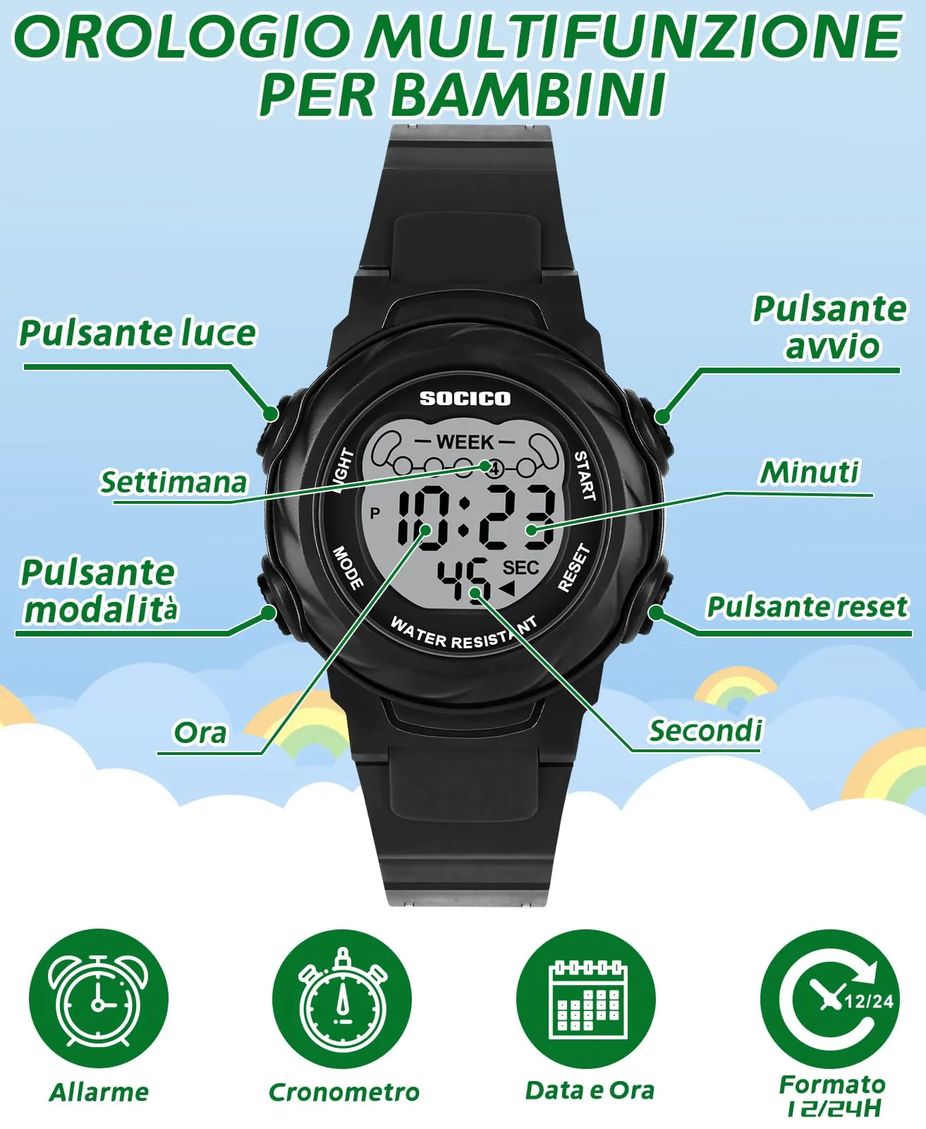 SOCICO Orologio Digitale per Bambini Impermeabile 5ATM con Luce a 7 Colori, Motivo Orso, Nero - immagine 3