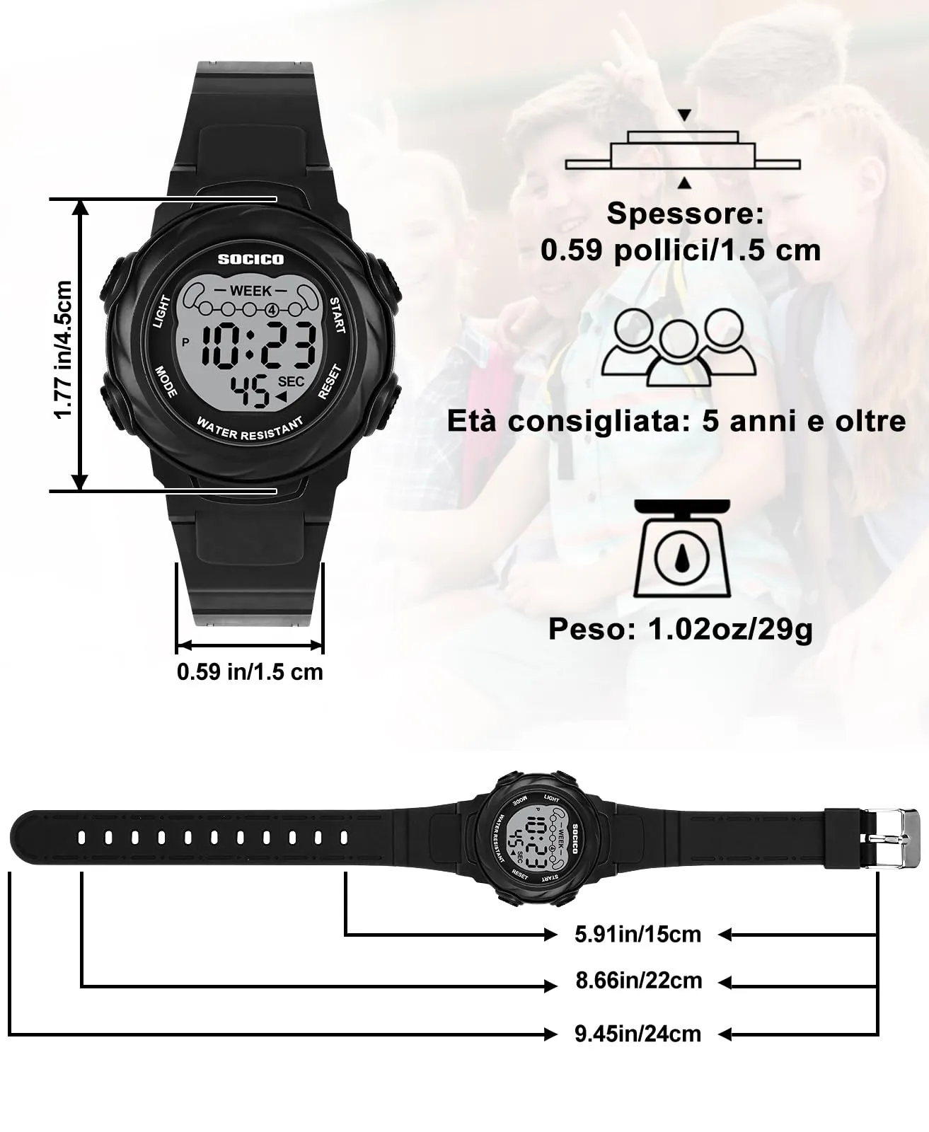 SOCICO Orologio Digitale per Bambini Impermeabile 5ATM con Luce a 7 Colori, Motivo Orso, Nero - immagine 5