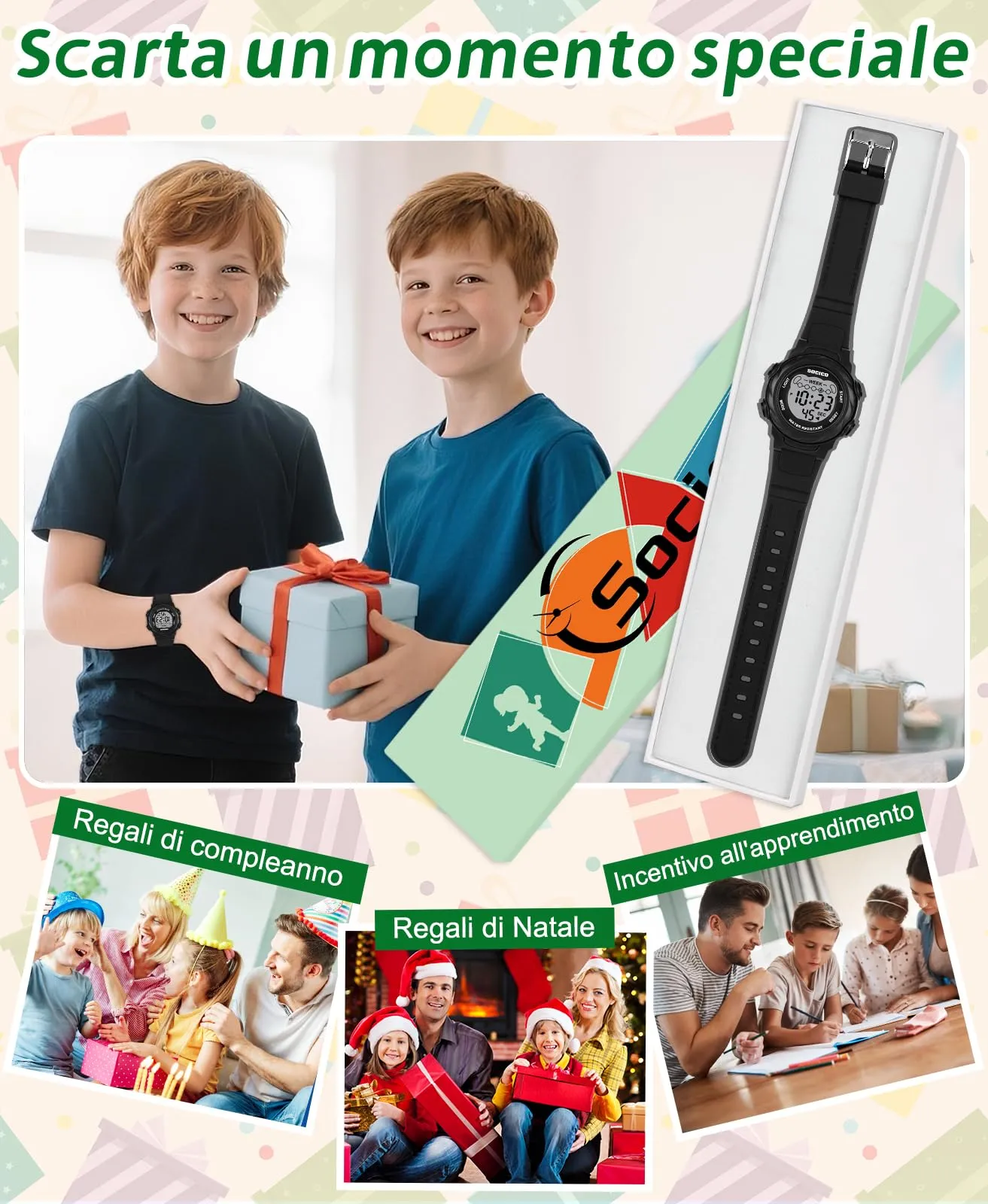 SOCICO Orologio Digitale per Bambini Impermeabile 5ATM con Luce a 7 Colori, Motivo Orso, Nero - immagine 6