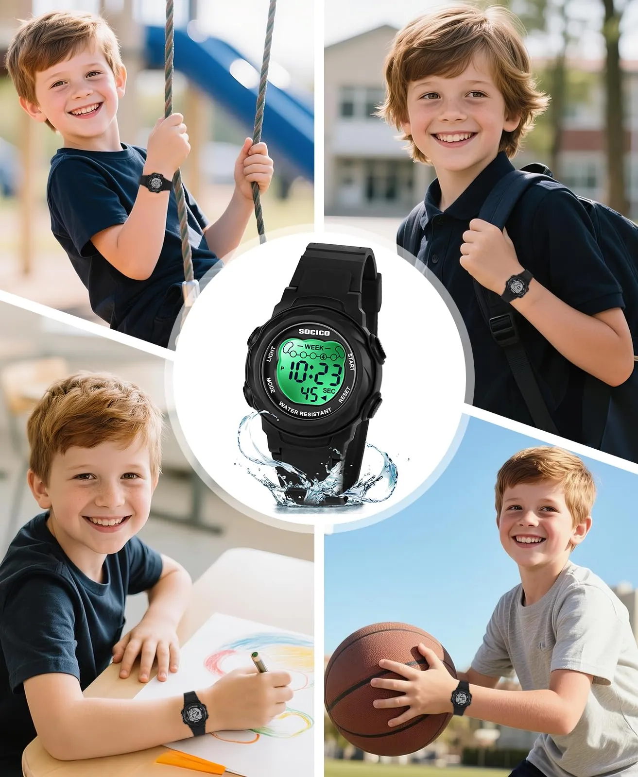 SOCICO Orologio Digitale per Bambini Impermeabile 5ATM con Luce a 7 Colori, Motivo Orso, Nero - immagine 7