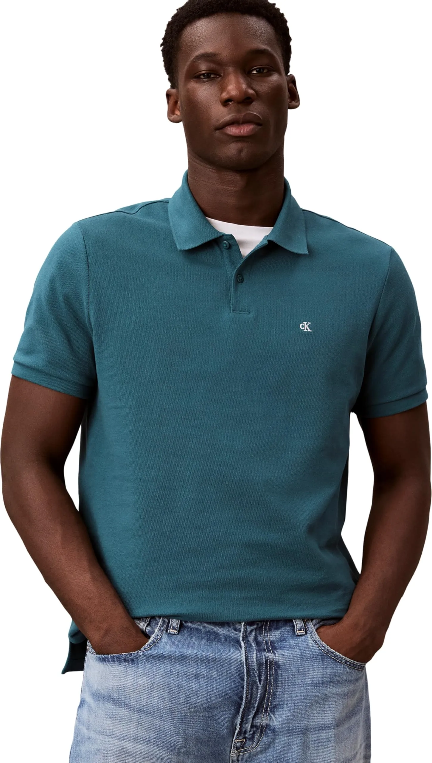 Calvin Klein Uomo Maglietta Polo Maniche Corte Monogram Pique in Cotone, Tahoe Green, L - immagine 5