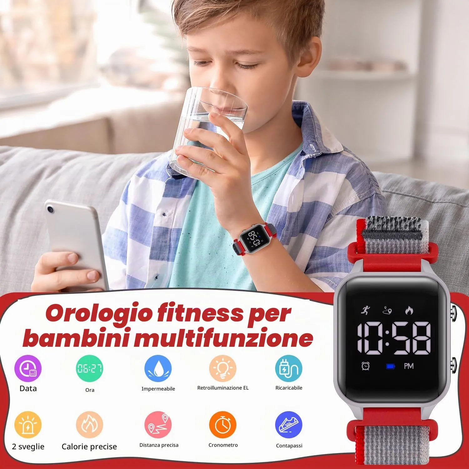 Timever Orologio Digitale Sportivo per Bambini con Contapassi, 2 Sveglie, Cronometro, Luce e Data, Cinturino in Nylon e Velcro - immagine 5