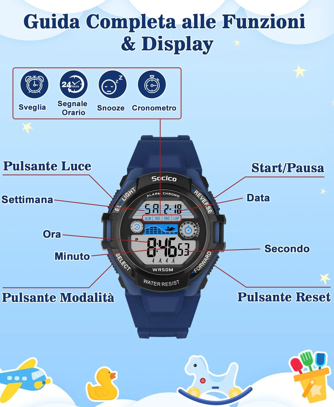 SOCICO Orologio Digitale Impermeabile 5ATM con Luce 7 Colori per Bambini - immagine 2
