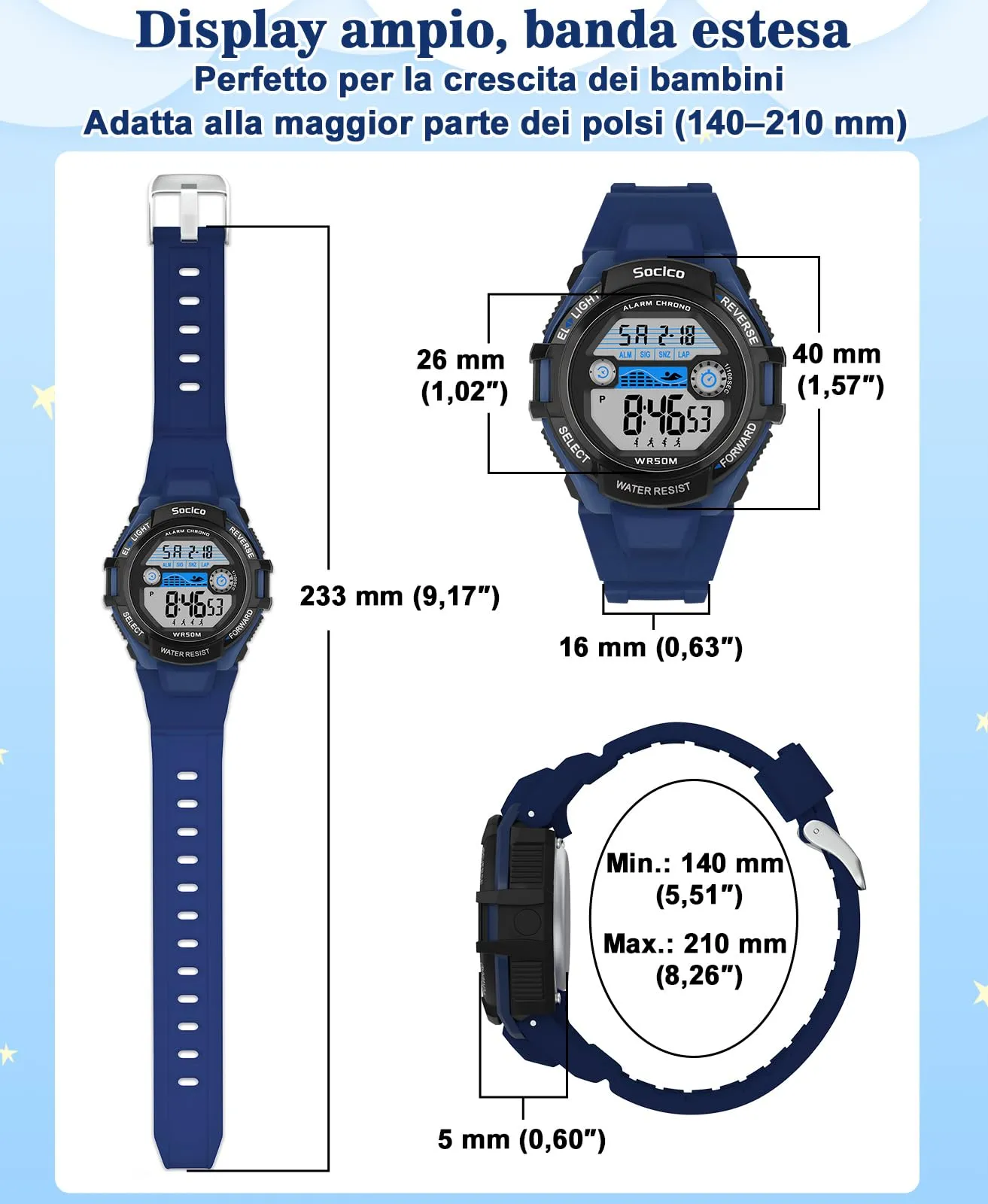 SOCICO Orologio Digitale Impermeabile 5ATM con Luce 7 Colori per Bambini - immagine 3