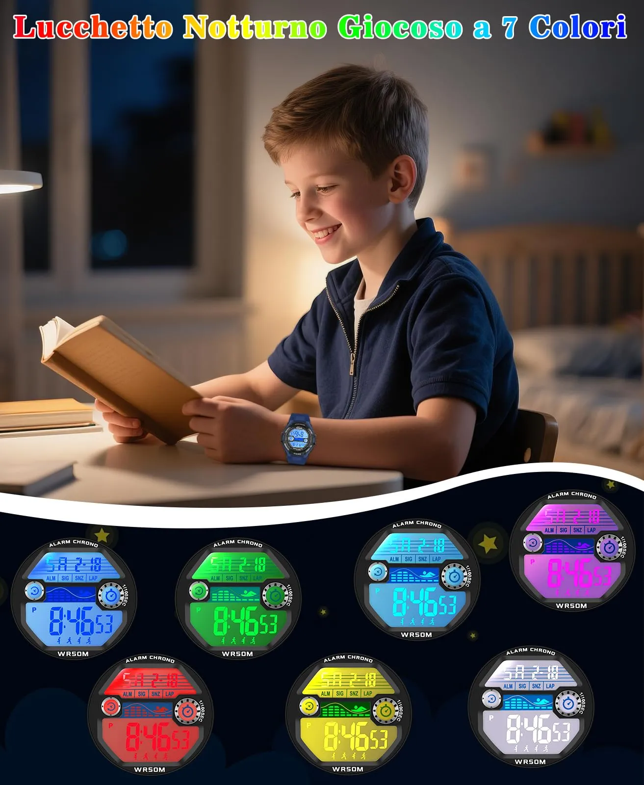 SOCICO Orologio Digitale Impermeabile 5ATM con Luce 7 Colori per Bambini - immagine 6