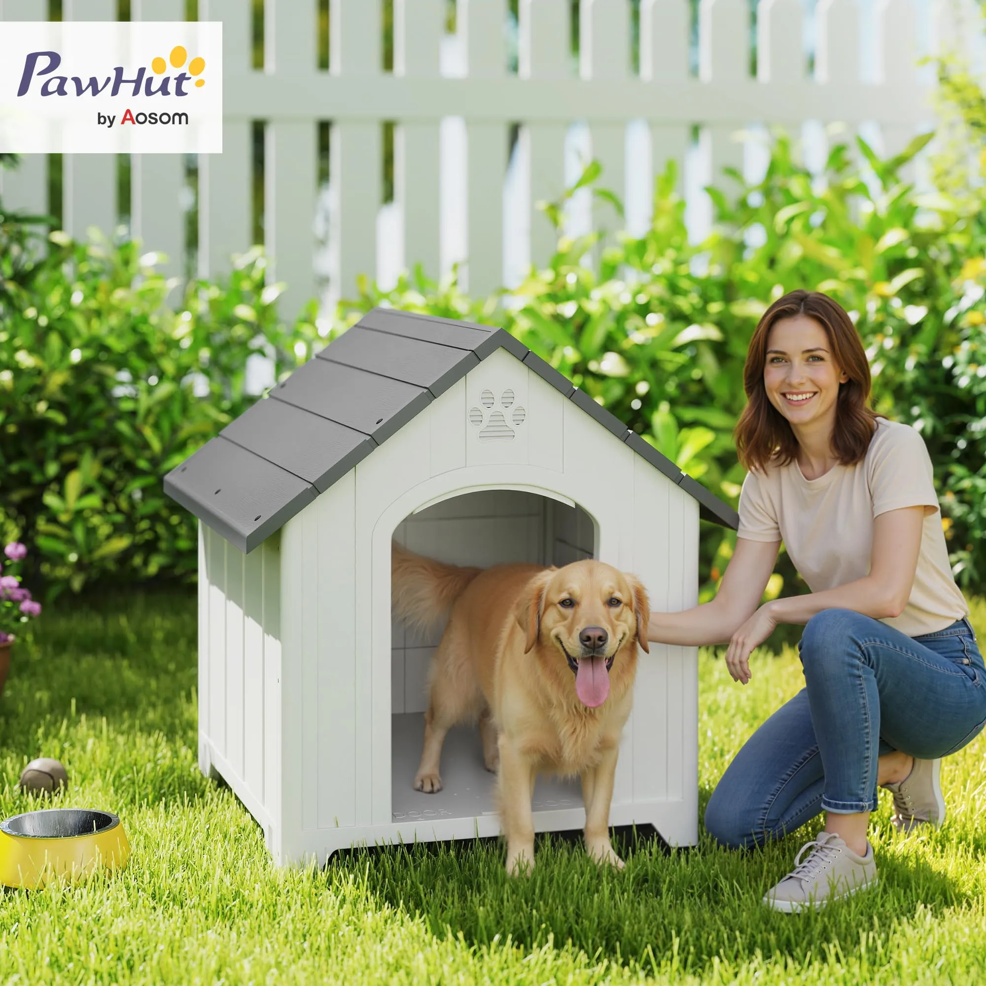 PawHut Casa Plastica per Cani, Riparo Interno/Esterno con Pavimento Rialzato, 88x79x89 cm, Grigio - immagine 2