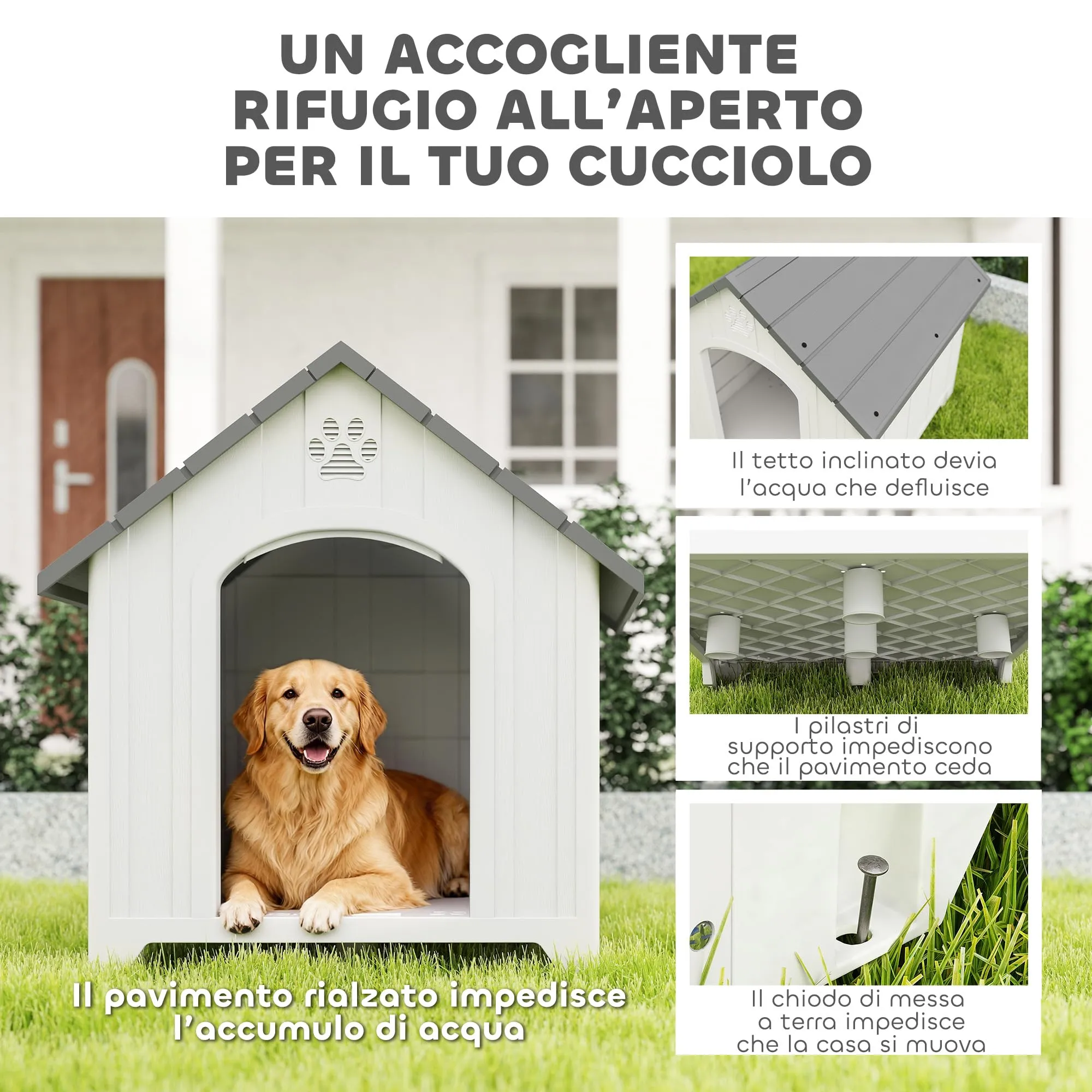 PawHut Casa Plastica per Cani, Riparo Interno/Esterno con Pavimento Rialzato, 88x79x89 cm, Grigio - immagine 3