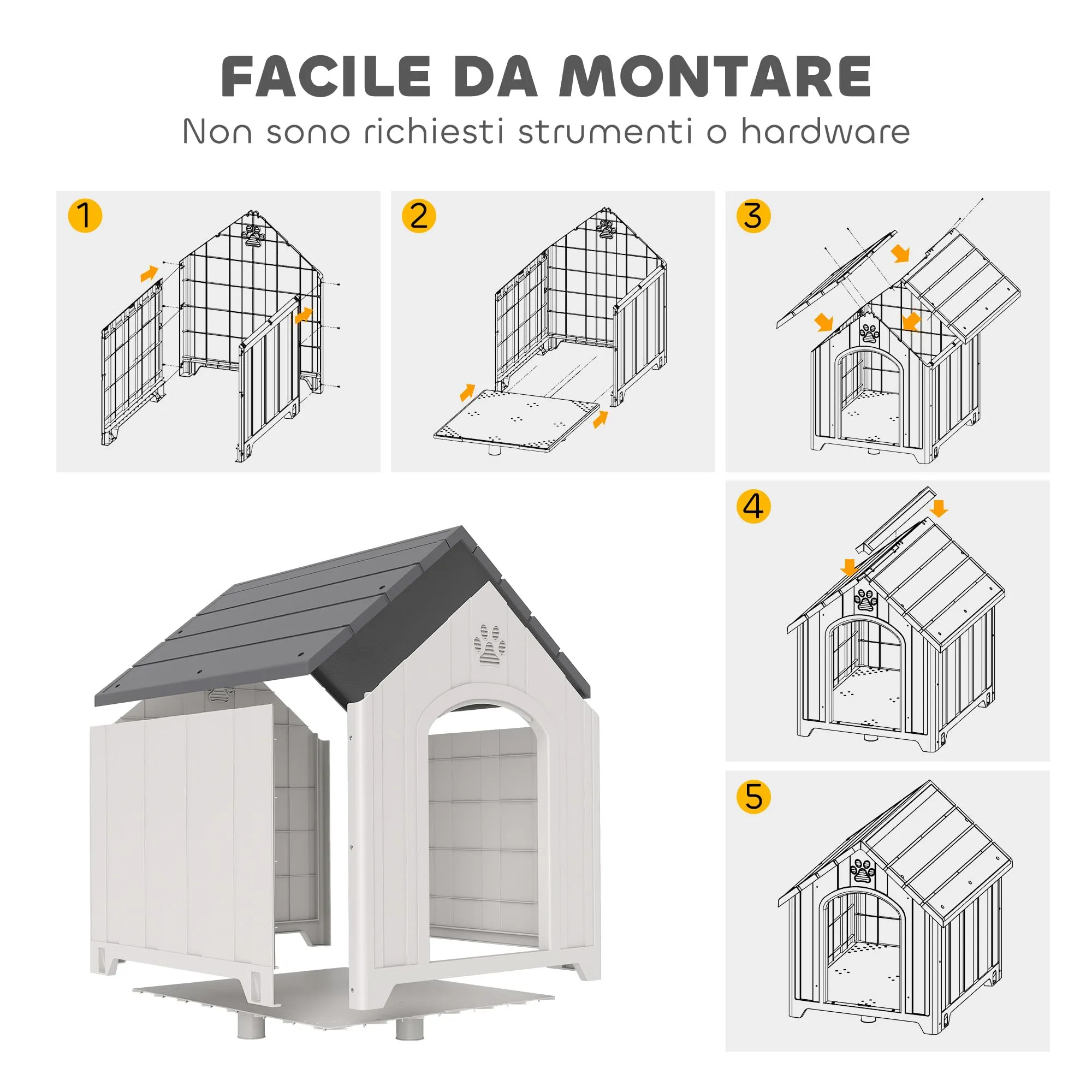 PawHut Casa Plastica per Cani, Riparo Interno/Esterno con Pavimento Rialzato, 88x79x89 cm, Grigio - immagine 5