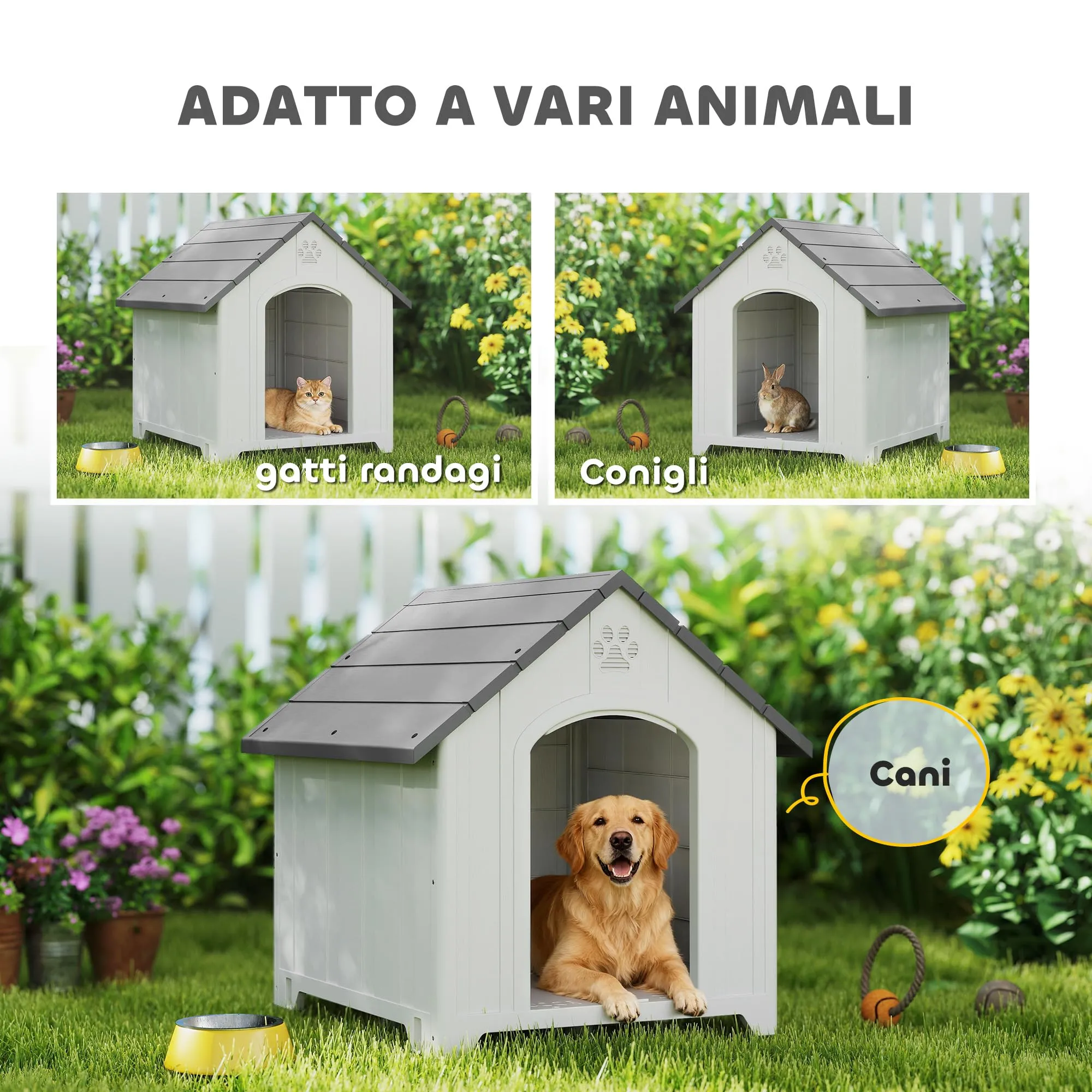 PawHut Casa Plastica per Cani, Riparo Interno/Esterno con Pavimento Rialzato, 88x79x89 cm, Grigio - immagine 6