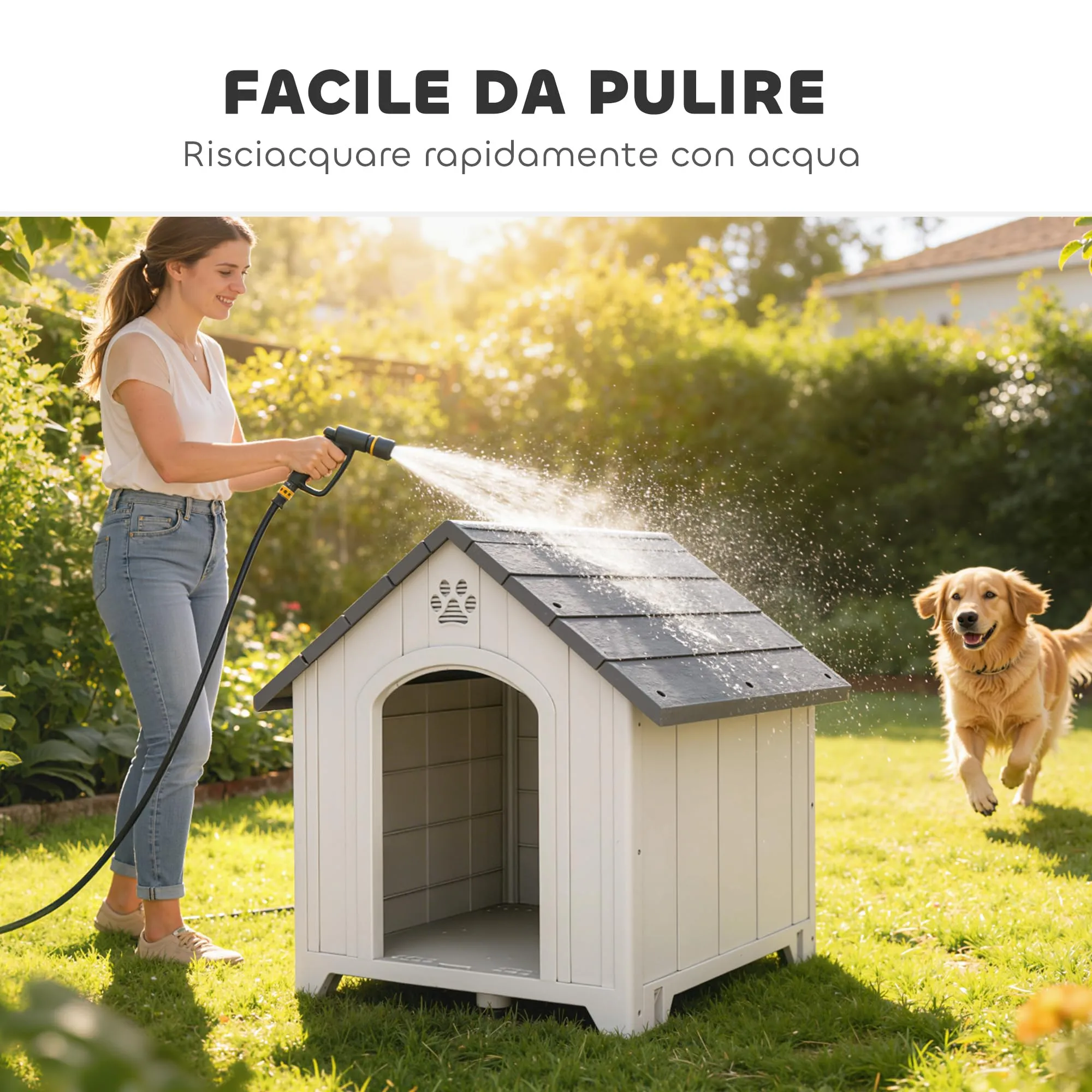PawHut Casa Plastica per Cani, Riparo Interno/Esterno con Pavimento Rialzato, 88x79x89 cm, Grigio - immagine 7