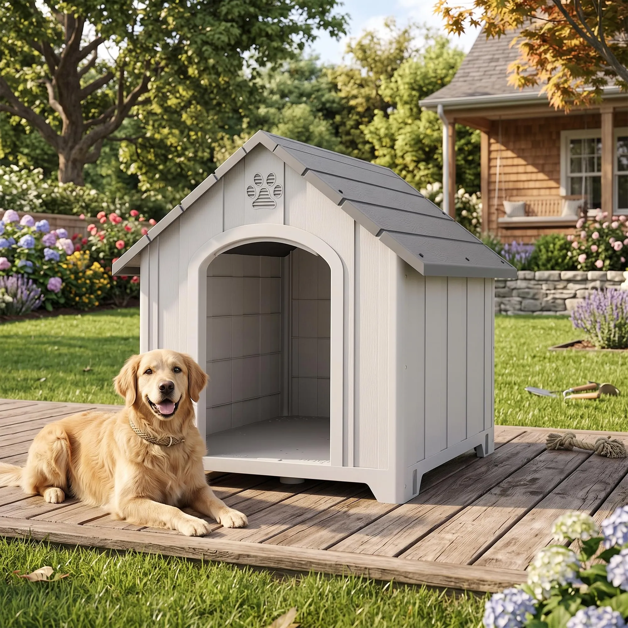 PawHut Casa Plastica per Cani, Riparo Interno/Esterno con Pavimento Rialzato, 88x79x89 cm, Grigio - immagine 9