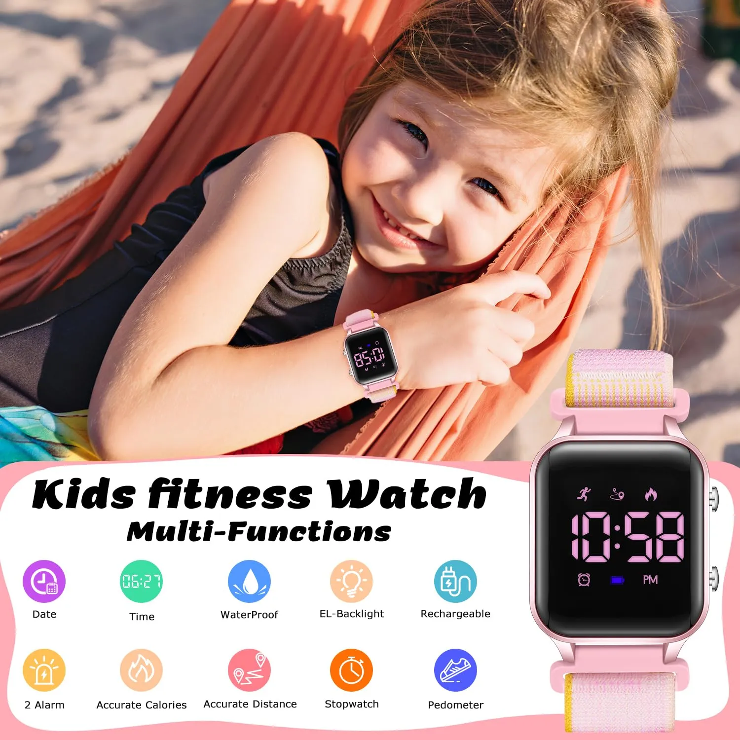 Timever Orologio Digitale Sportivo per Bambini con Contapassi, 2 Sveglie, Cronometro e Cinturino in Nylon - immagine 5