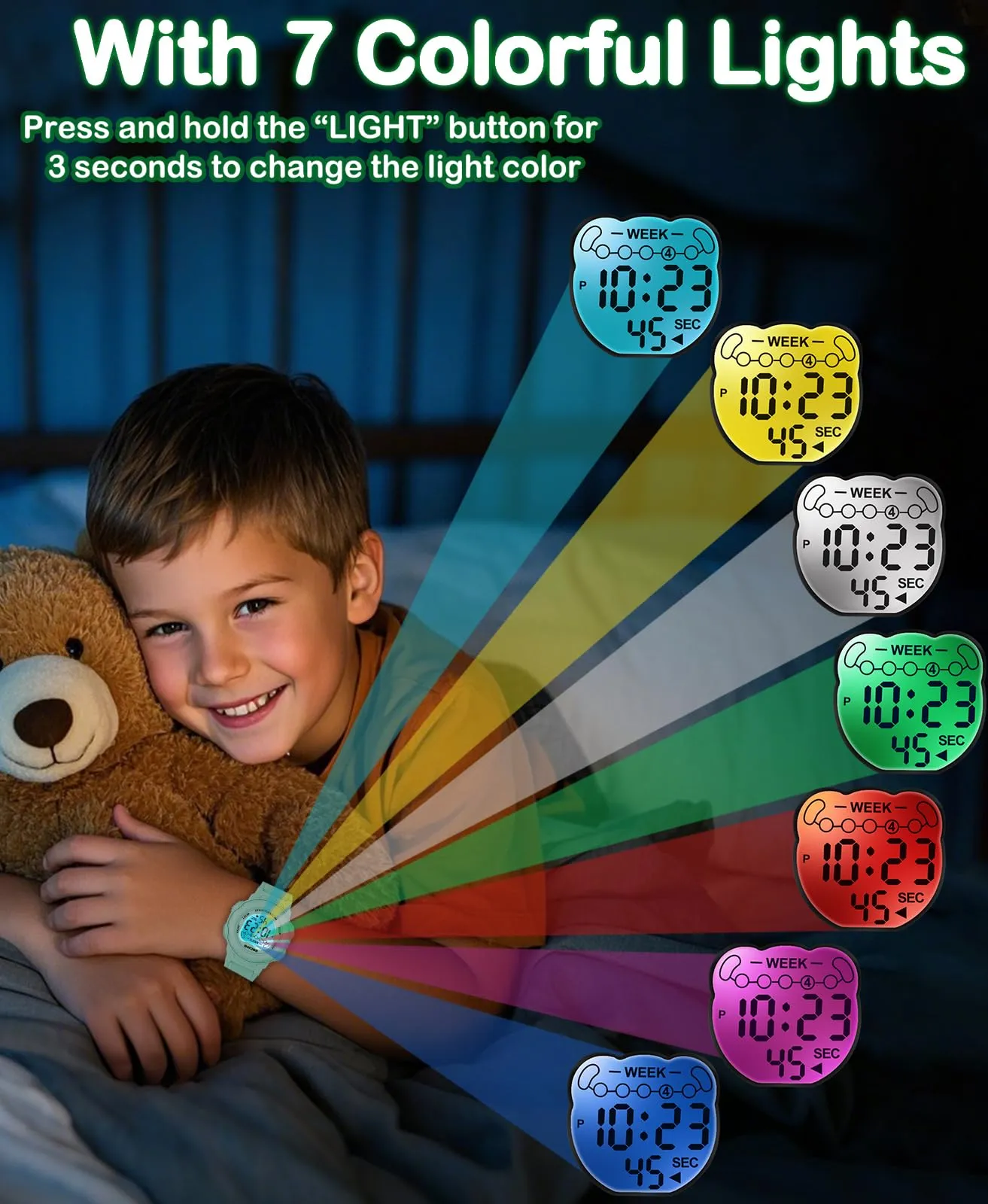 SOCICO Orologio Digitale Impermeabile 5ATM con Luce 7 Colori per Bambini - immagine 3