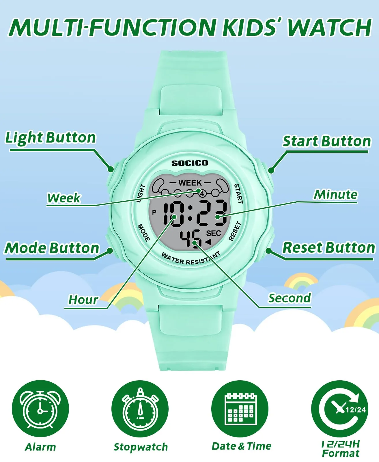 SOCICO Orologio Digitale Impermeabile 5ATM con Luce 7 Colori per Bambini - immagine 5