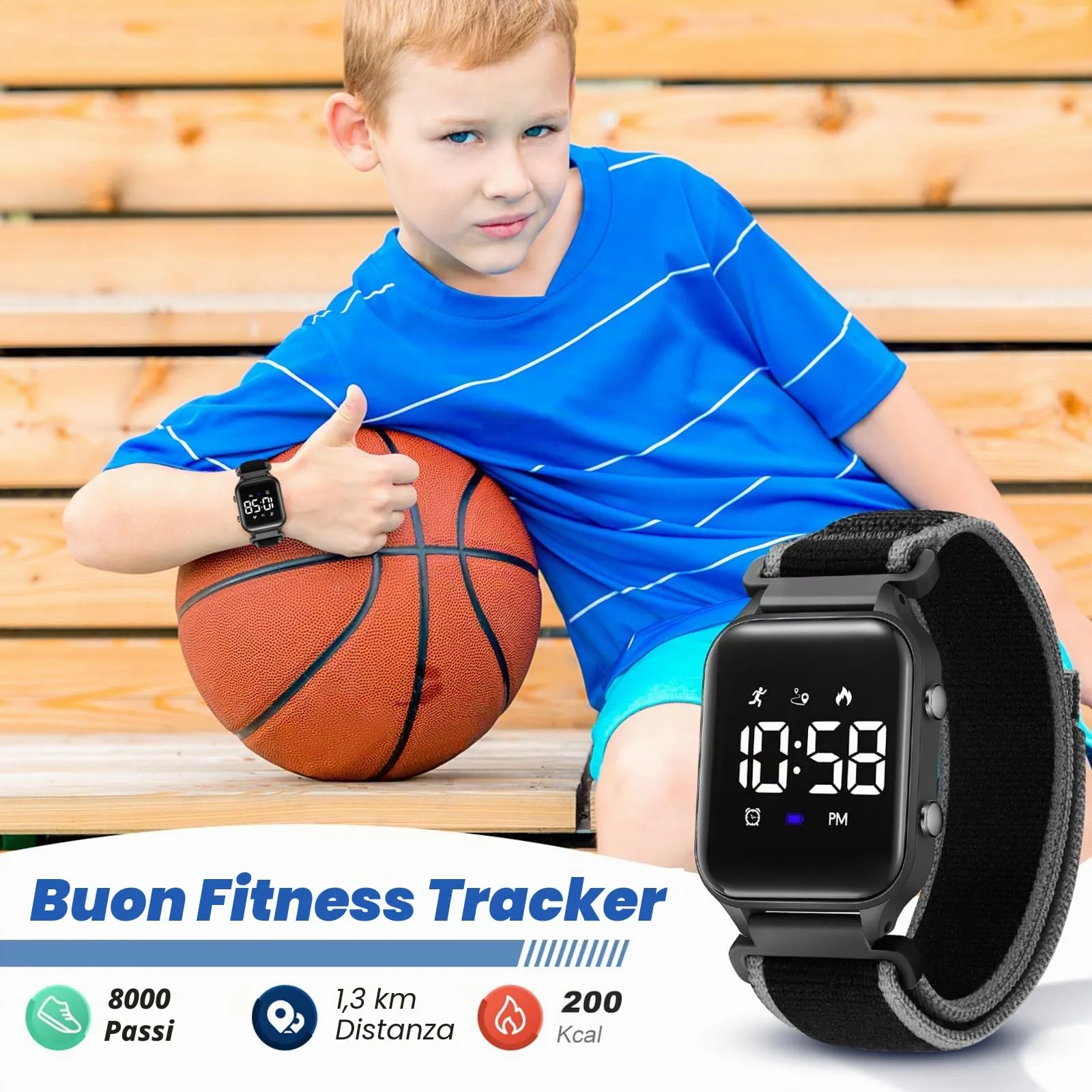 Timever Orologio Digitale per Bambini con Contapassi, 2 Sveglie, Cronometro, Luce e Data, Cinturino in Nylon e Velcro - immagine 3