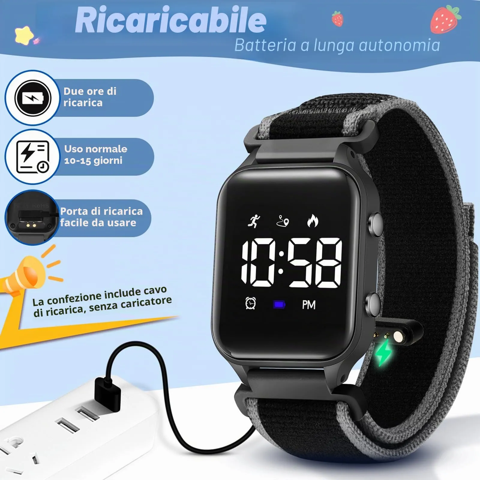 Timever Orologio Digitale per Bambini con Contapassi, 2 Sveglie, Cronometro, Luce e Data, Cinturino in Nylon e Velcro - immagine 4
