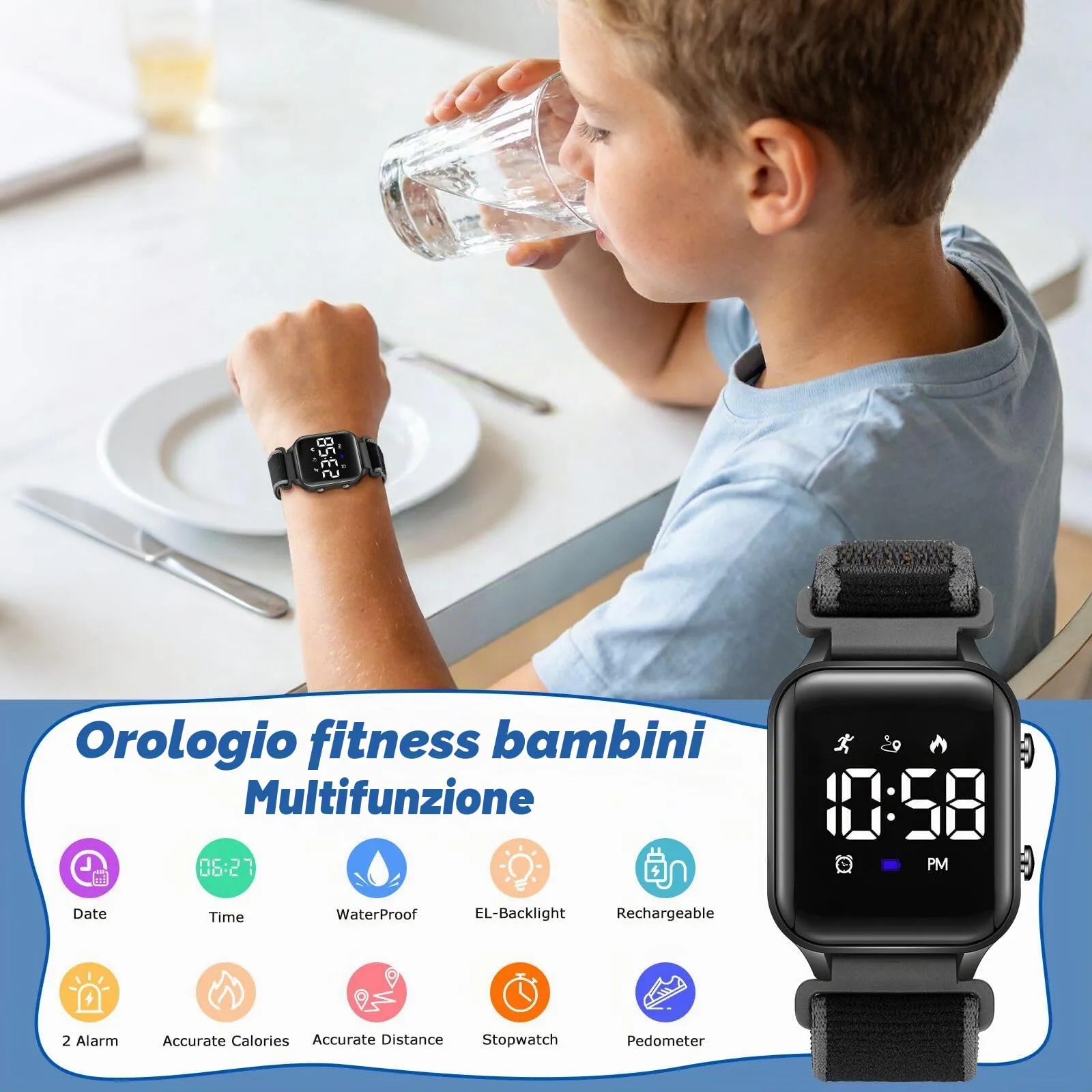 Timever Orologio Digitale per Bambini con Contapassi, 2 Sveglie, Cronometro, Luce e Data, Cinturino in Nylon e Velcro - immagine 5