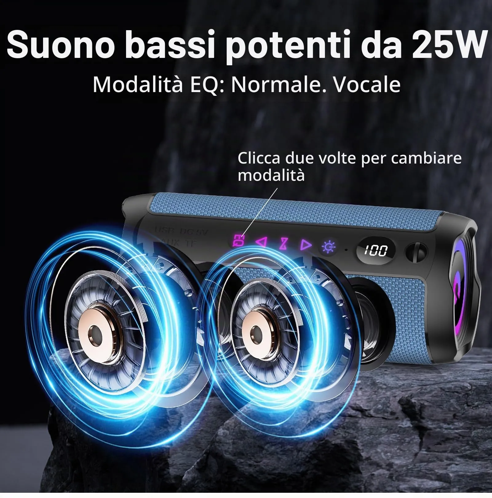coioc Cassa Bluetooth Portatile 25W, Doppio Basso Driver, 25 Ore di Autonomia, TWS, RGB, IPX7 Impermeabile, AUX, TF, USB - immagine 2