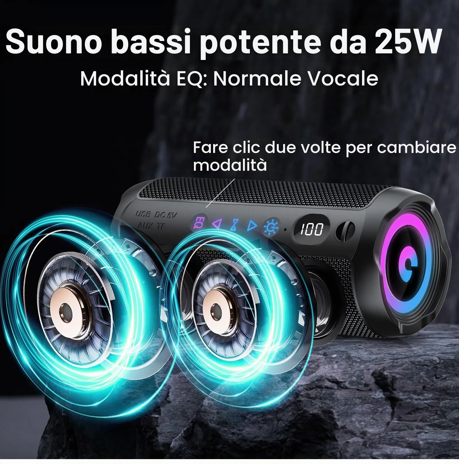 coioc Cassa Bluetooth Portatile 25W, Doppio Basso Driver, 25 Ore di Autonomia, TWS, RGB, IPX7 Impermeabile, AUX, TF, USB - immagine 2