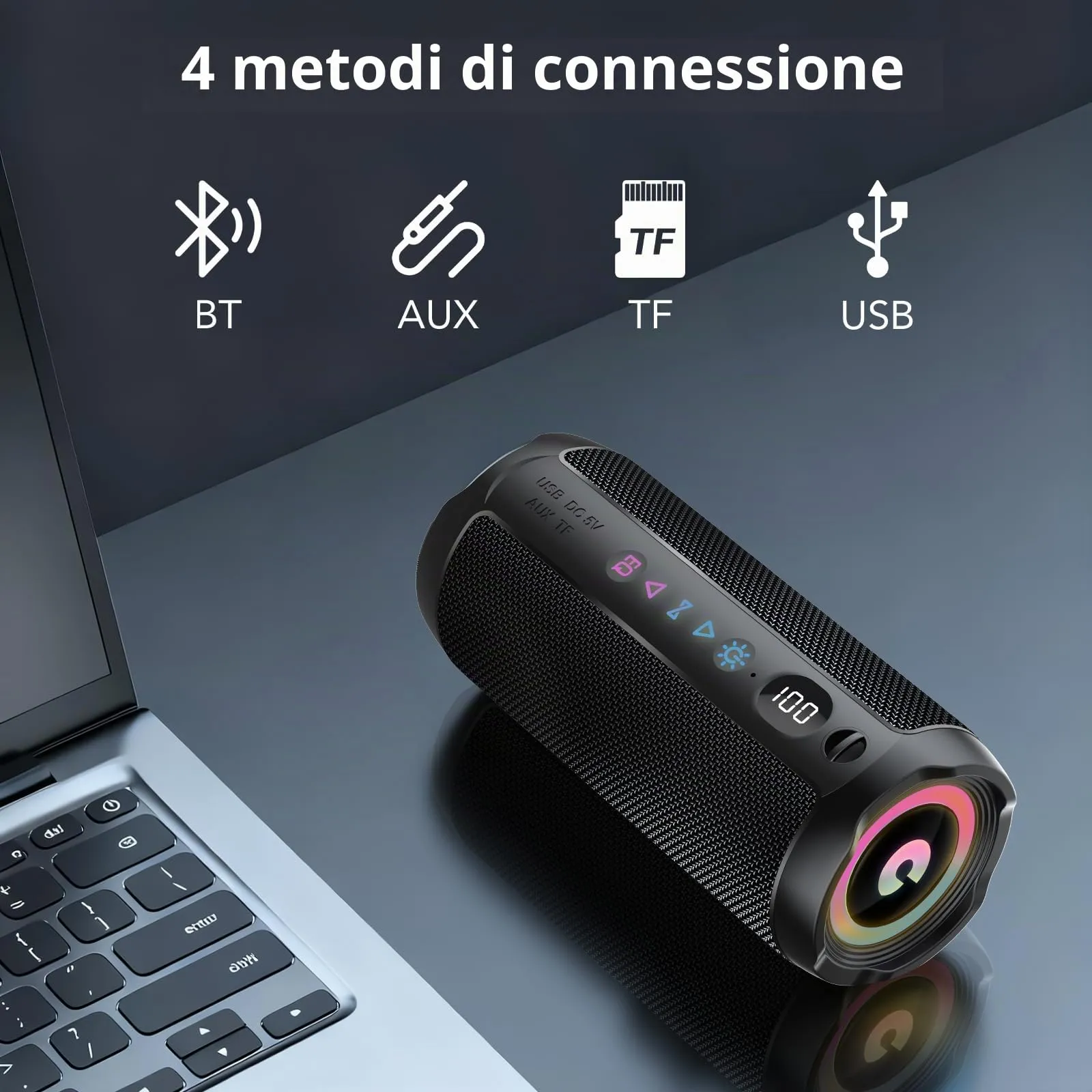 coioc Cassa Bluetooth Portatile 25W, Doppio Basso Driver, 25 Ore di Autonomia, TWS, RGB, IPX7 Impermeabile, AUX, TF, USB - immagine 5