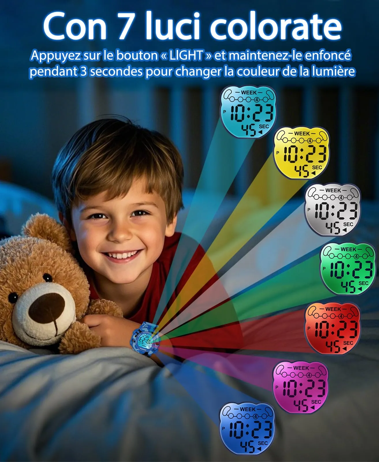 SOCICO Orologio Digitale per Bambini, Impermeabile 5ATM, Luce a 7 Colori - immagine 3