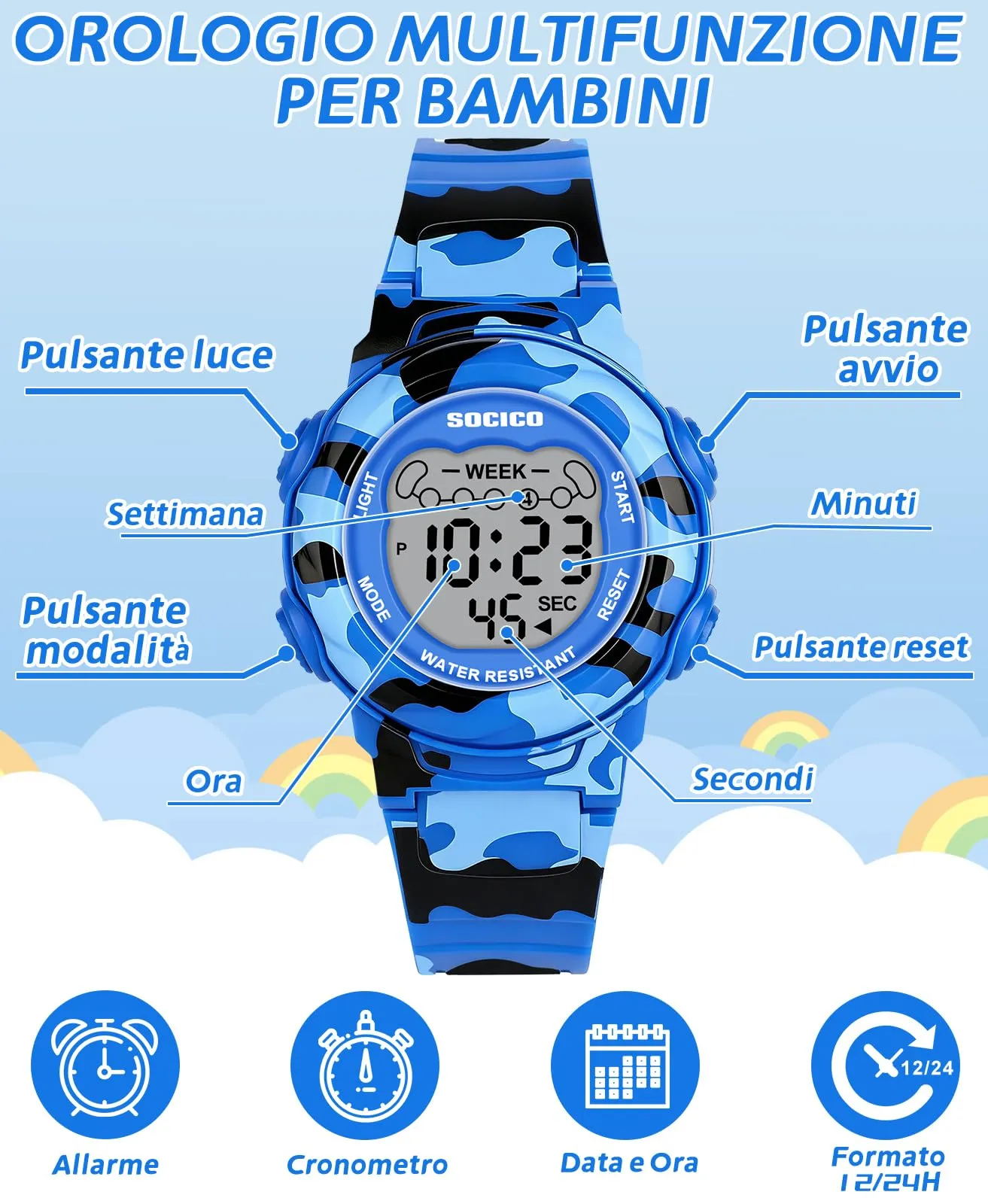 SOCICO Orologio Digitale per Bambini, Impermeabile 5ATM, Luce a 7 Colori - immagine 5