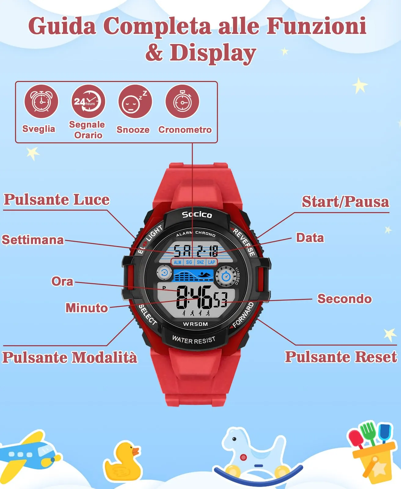 SOCICO Orologio Digitale Impermeabile 5ATM con Luce 7 Colori per Bambini SOC-3015 - immagine 2