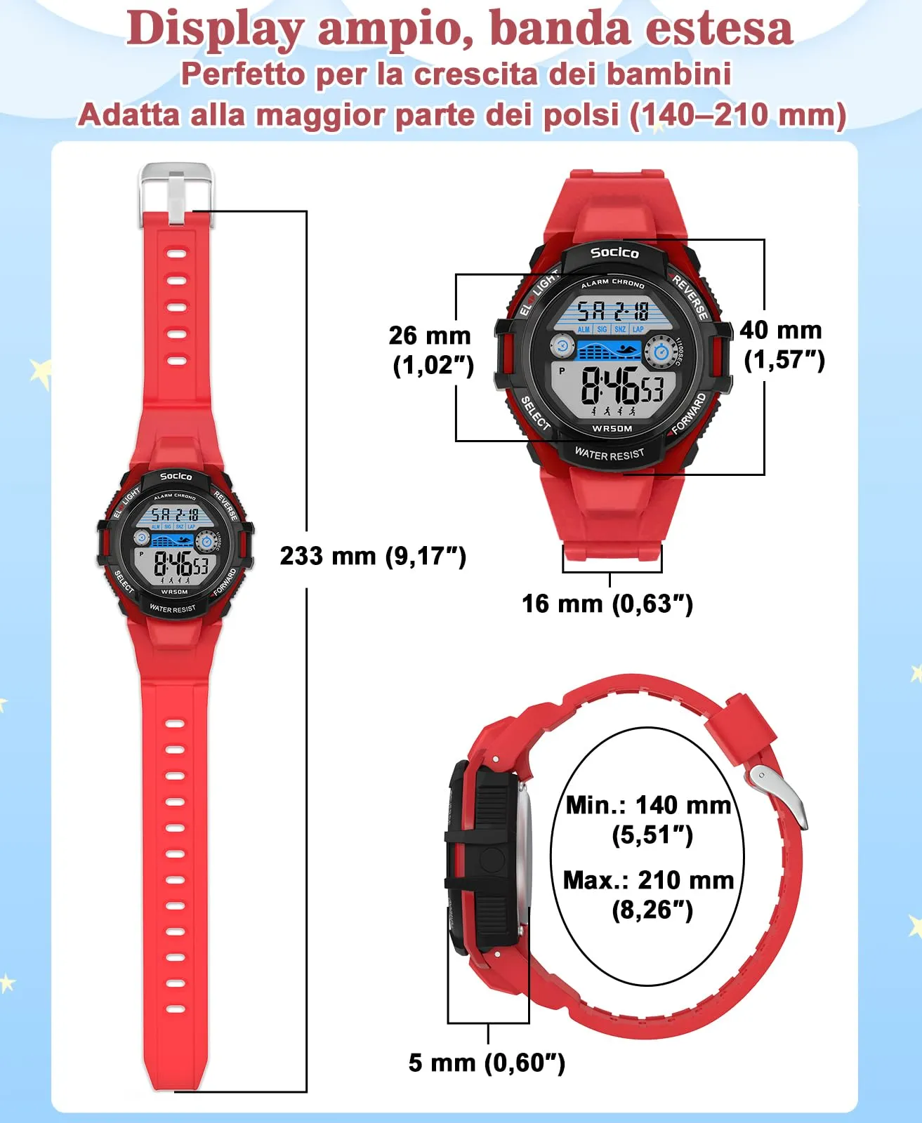 SOCICO Orologio Digitale Impermeabile 5ATM con Luce 7 Colori per Bambini SOC-3015 - immagine 3