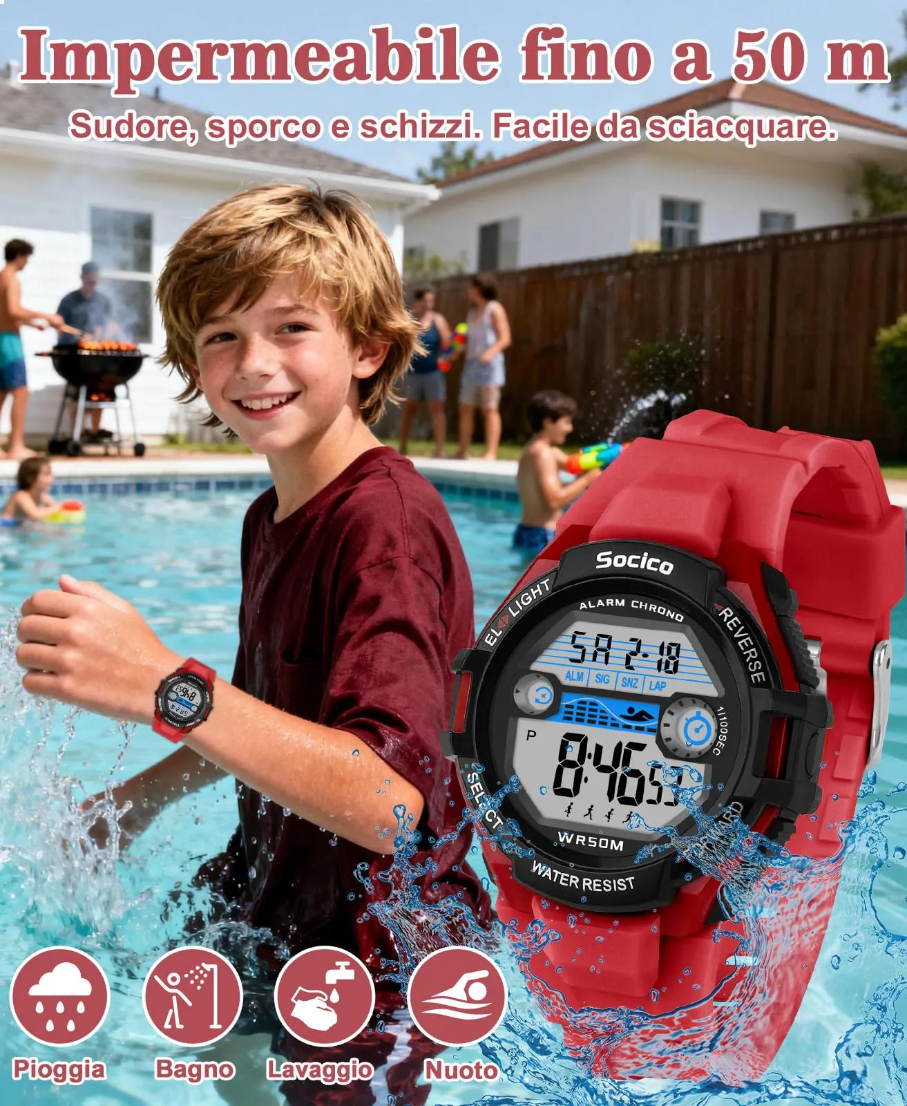 SOCICO Orologio Digitale Impermeabile 5ATM con Luce 7 Colori per Bambini SOC-3015 - immagine 5