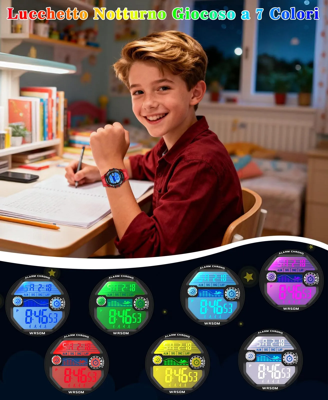 SOCICO Orologio Digitale Impermeabile 5ATM con Luce 7 Colori per Bambini SOC-3015 - immagine 6