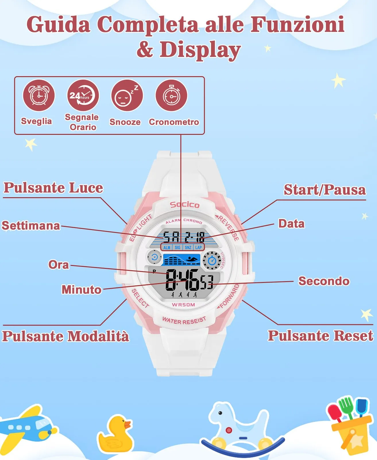 SOCICO Orologio Digitale Impermeabile 5ATM con Luce 7 Colori per Bambini SOC-3015 - immagine 2