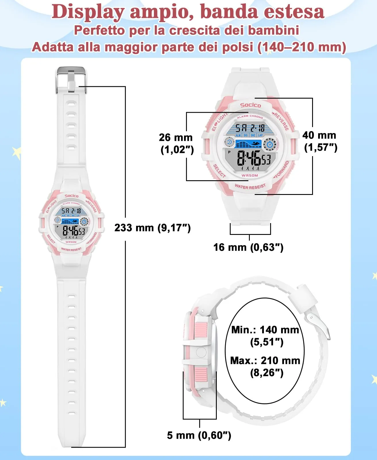 SOCICO Orologio Digitale Impermeabile 5ATM con Luce 7 Colori per Bambini SOC-3015 - immagine 3