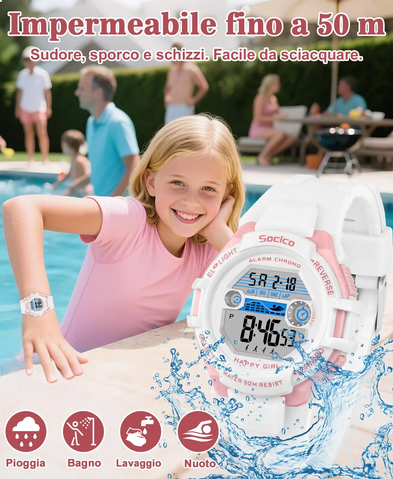 SOCICO Orologio Digitale Impermeabile 5ATM con Luce 7 Colori per Bambini SOC-3015 - immagine 5