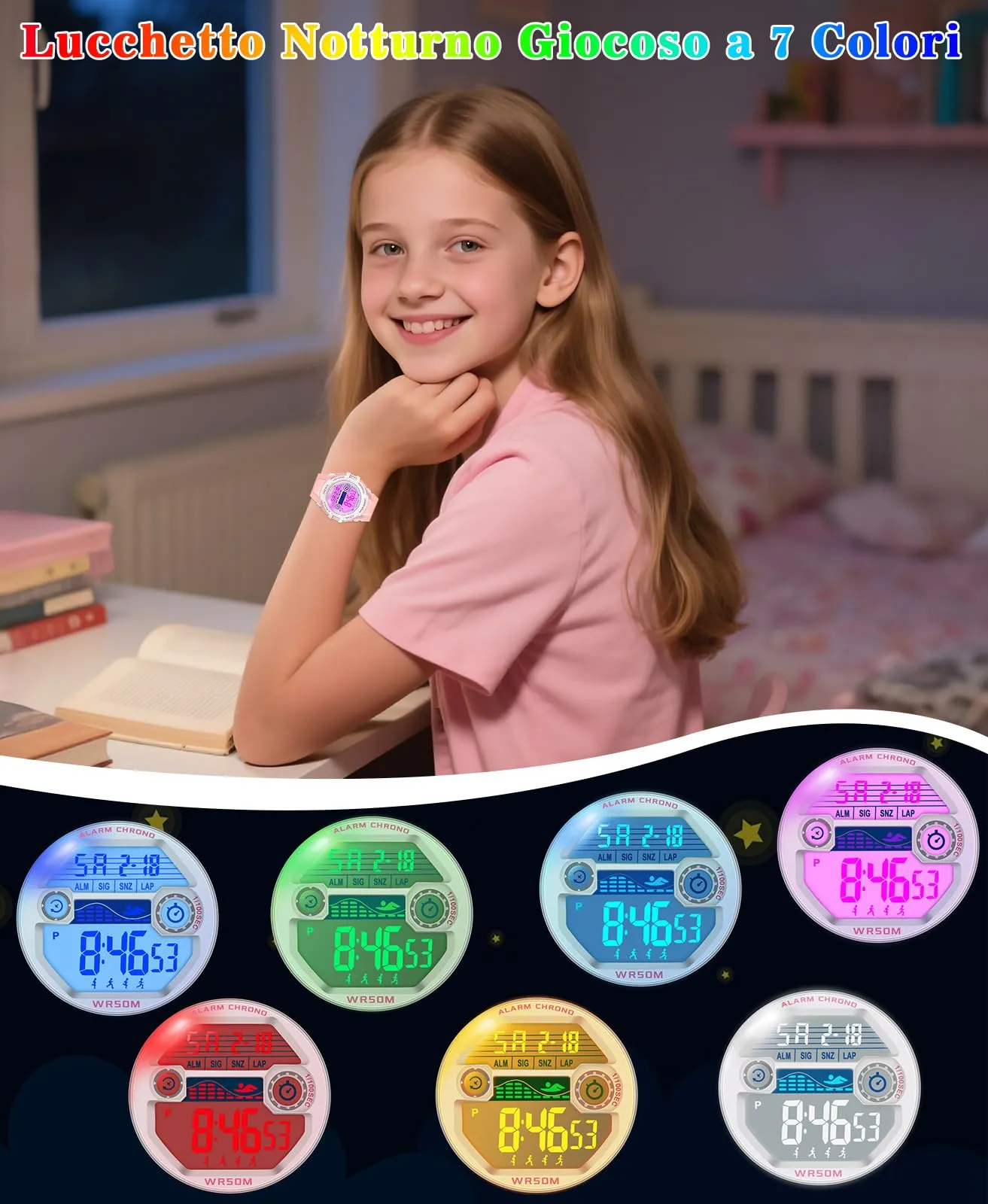 SOCICO Orologio Digitale Impermeabile 5ATM con Luce 7 Colori per Bambini SOC-3015 - immagine 6