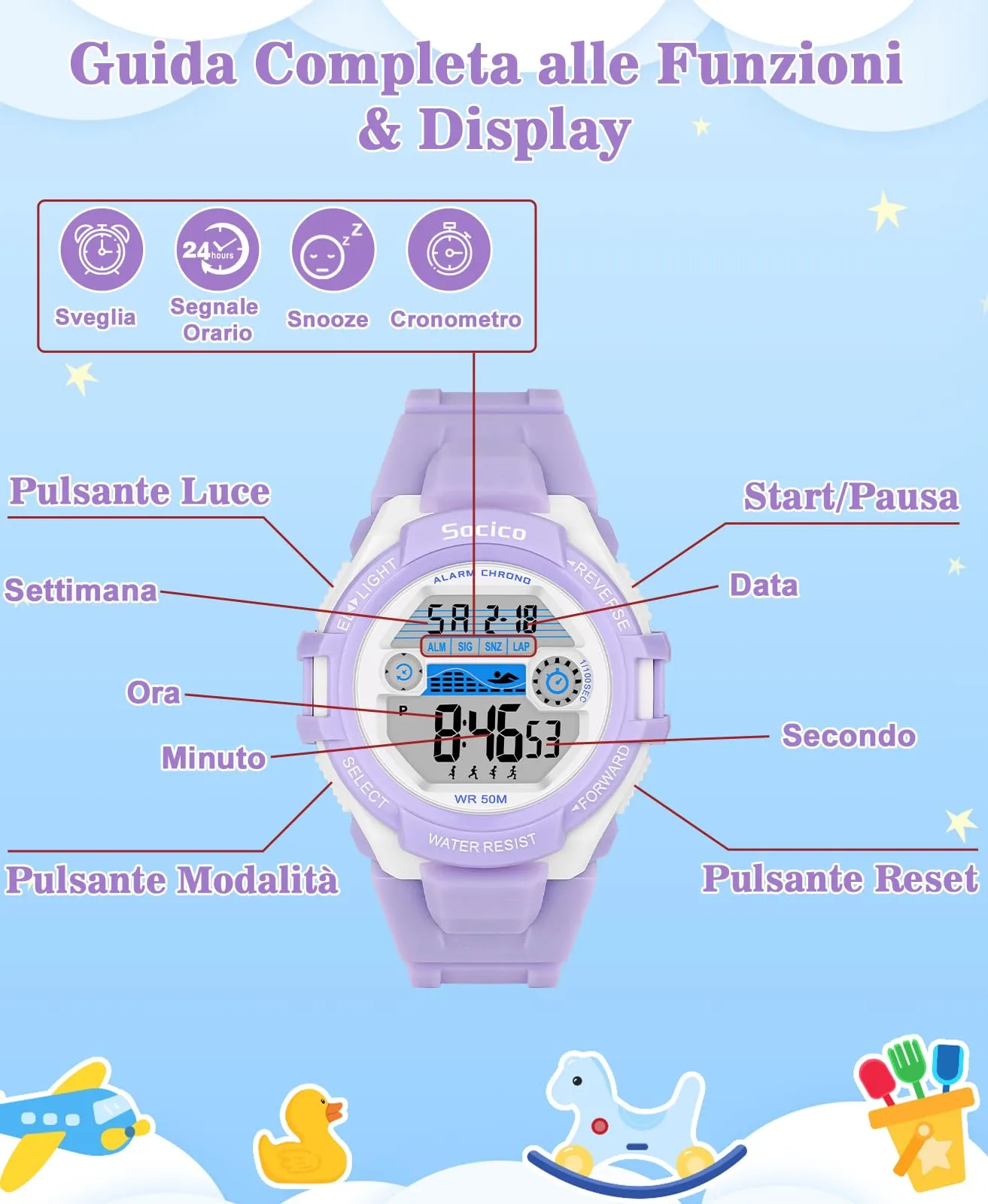SOCICO Orologio Digitale Impermeabile 5ATM con Luce 7 Colori per Bambini SOC-3015 - immagine 2