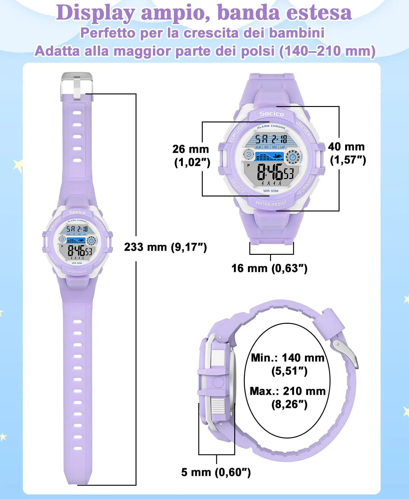 SOCICO Orologio Digitale Impermeabile 5ATM con Luce 7 Colori per Bambini SOC-3015 - immagine 3