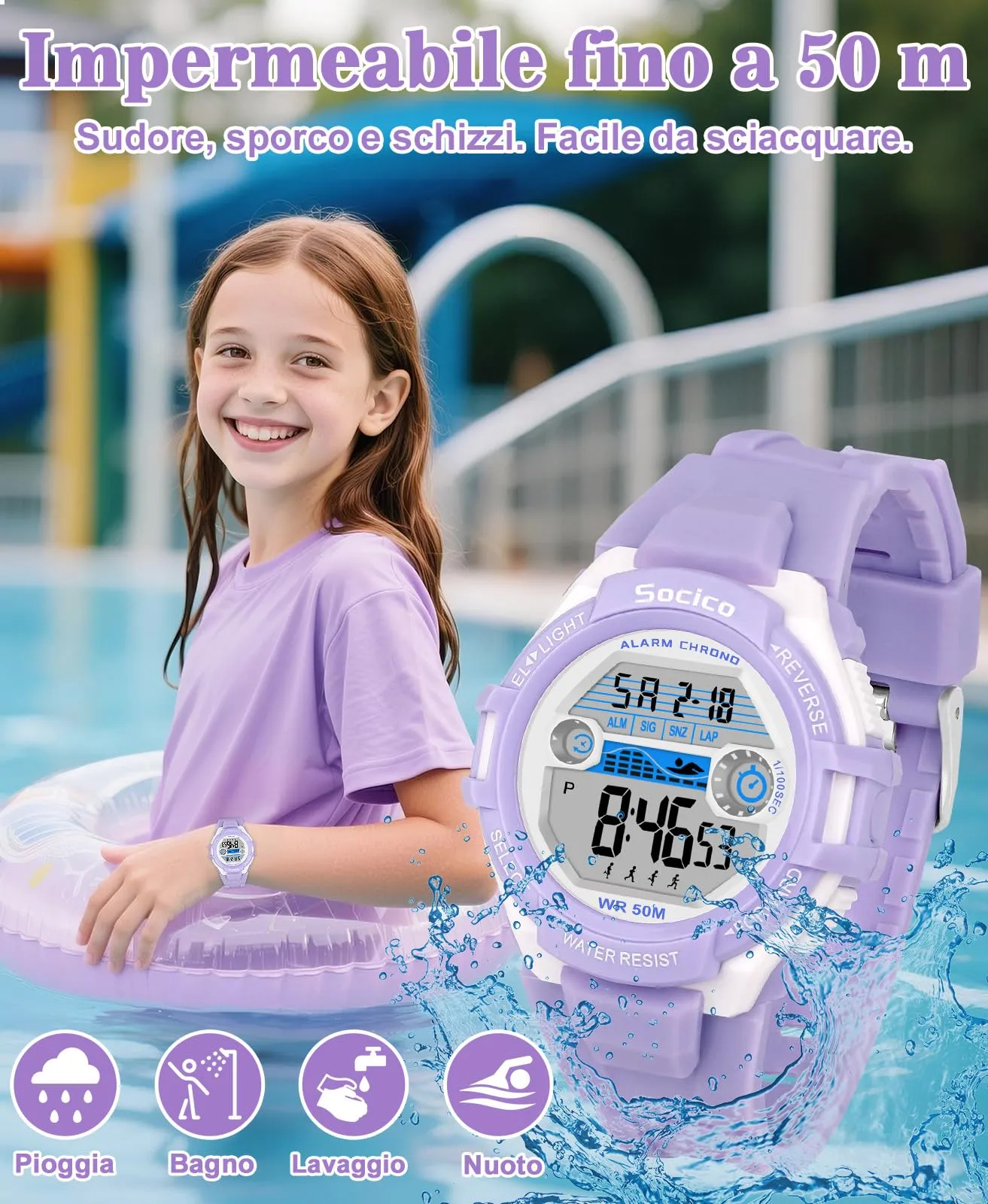 SOCICO Orologio Digitale Impermeabile 5ATM con Luce 7 Colori per Bambini SOC-3015 - immagine 5